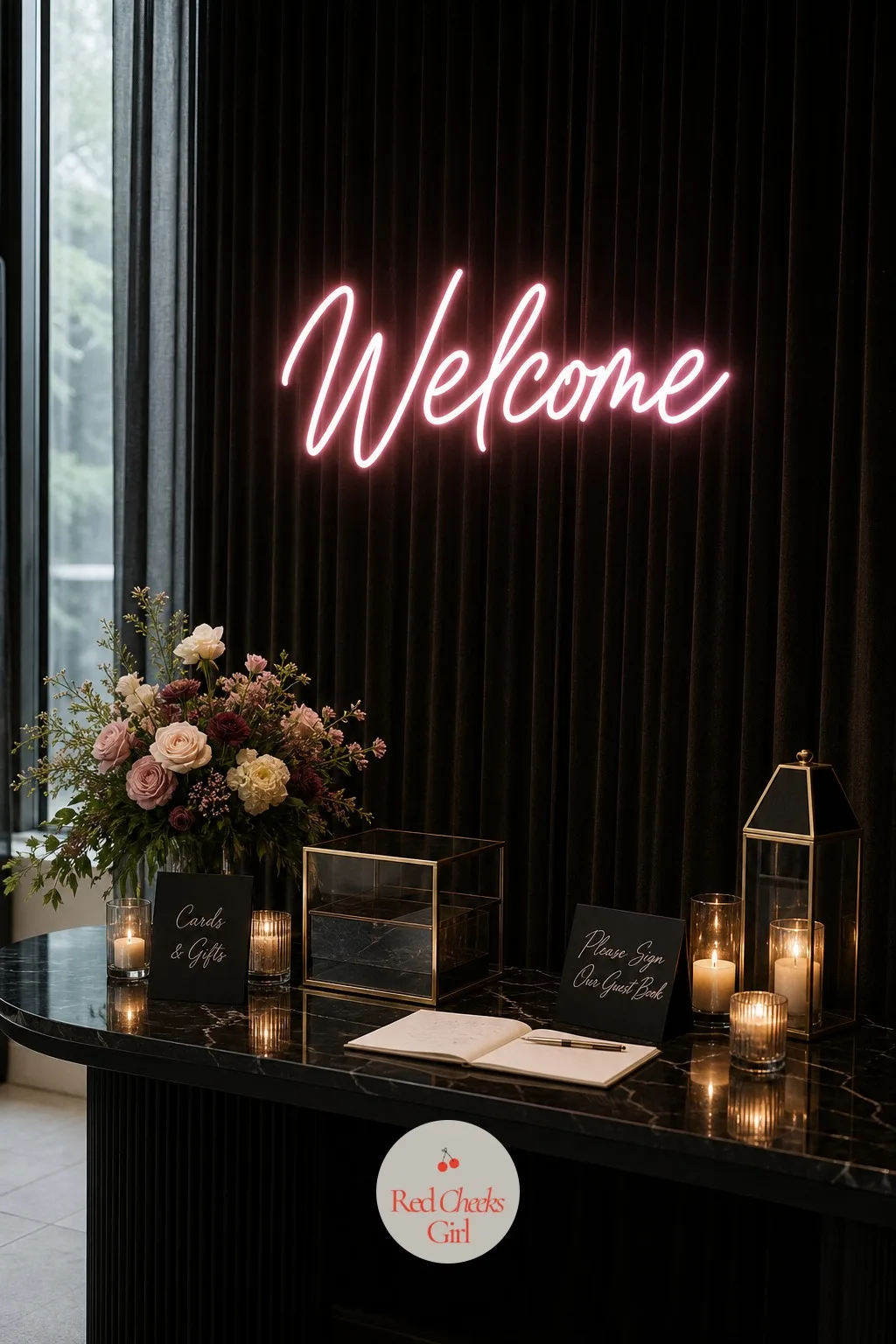 Neon Script Welcome Sign for a Modern Reception — Against a dark wall or velvet drape, a soft pink neon script sign does the job of a hundred fairy lights with
