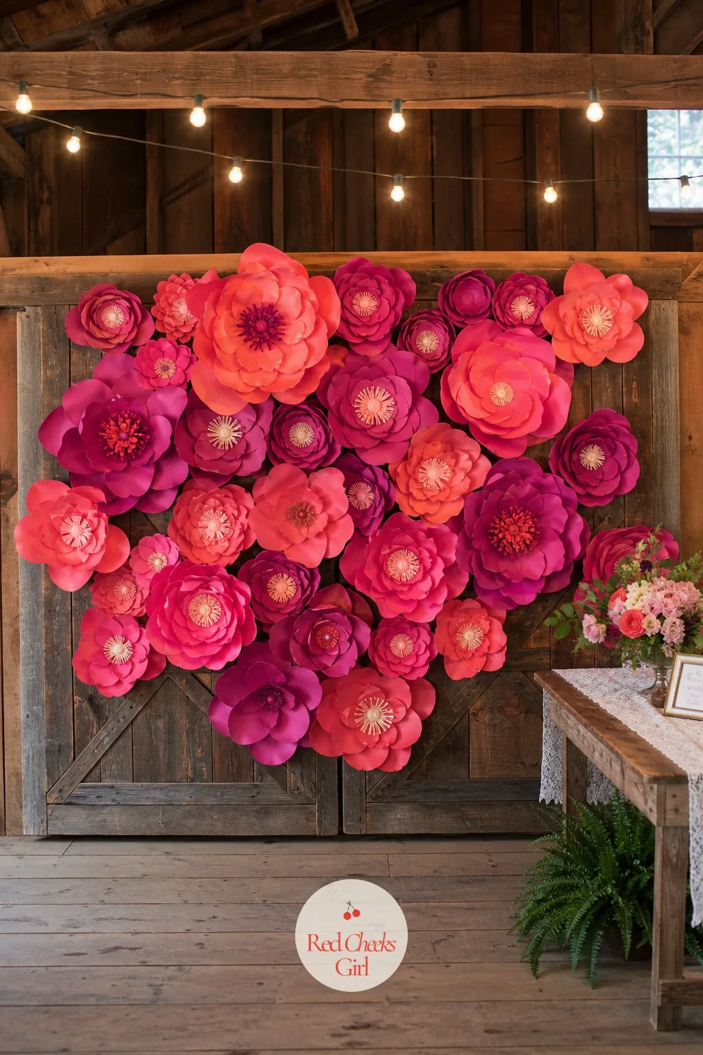 Oversized Paper Flower Wall at the Barn Door — A barn in August is no place for fresh flowers that need to last six hours, so paper takes over. Wedding