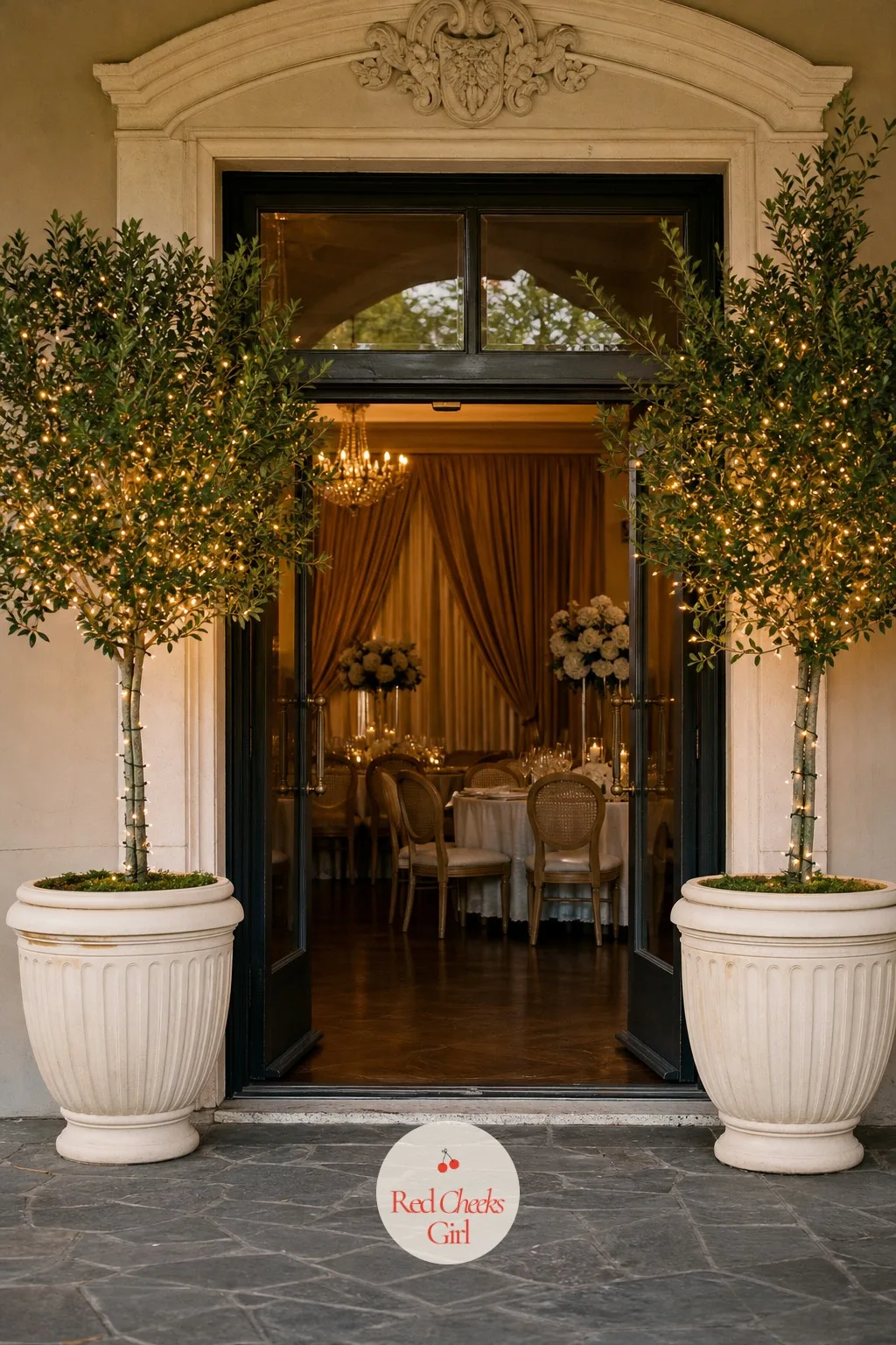 Pair of Potted Trees with Fairy Lights Flanking the Door — Two matching trees either side of the entrance give a ballroom door the scale it is missing, without
