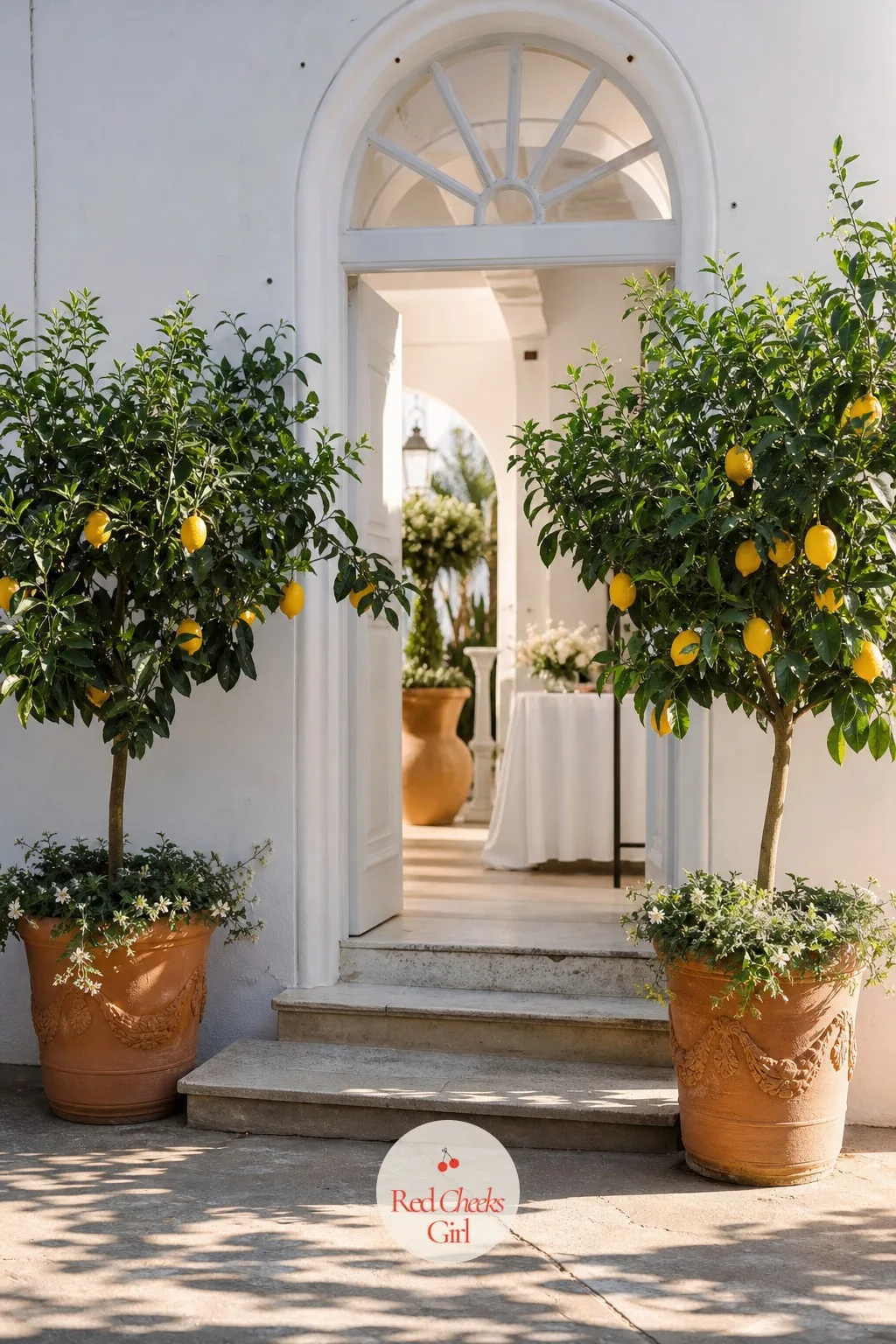Potted Citrus Trees Flanking the Door — Two trees heavy with lemons or oranges either side of a terrace entrance bring summer into the frame without a single