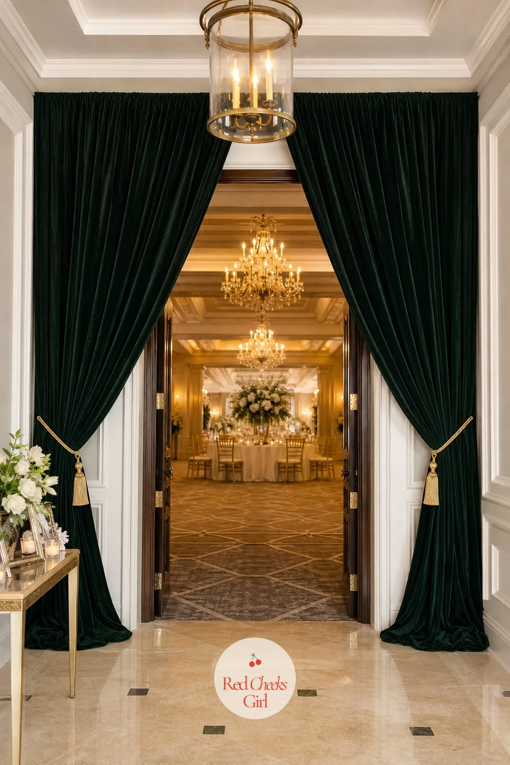 Pressed Velvet Curtain Walls Flanking a Ballroom Door — Pulled back on either side of the entrance like a stage reveal, floor length velvet curtains turn an