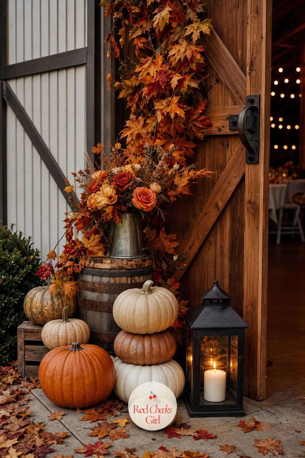 Pumpkins and Autumn Leaves at the Door — Stacked beside the entrance largest to smallest, cream and burnt orange pumpkins with trailing autumn leaves tucked