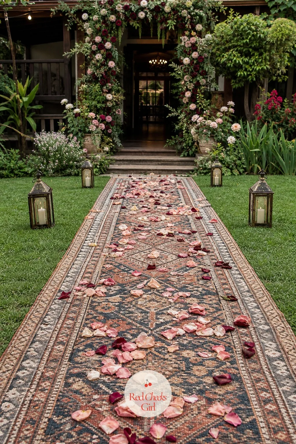 Rug Runner Scattered with Petals — A woven rug runner laid down the entrance path gives petals something to sit on besides bare grass, blush and burgundy