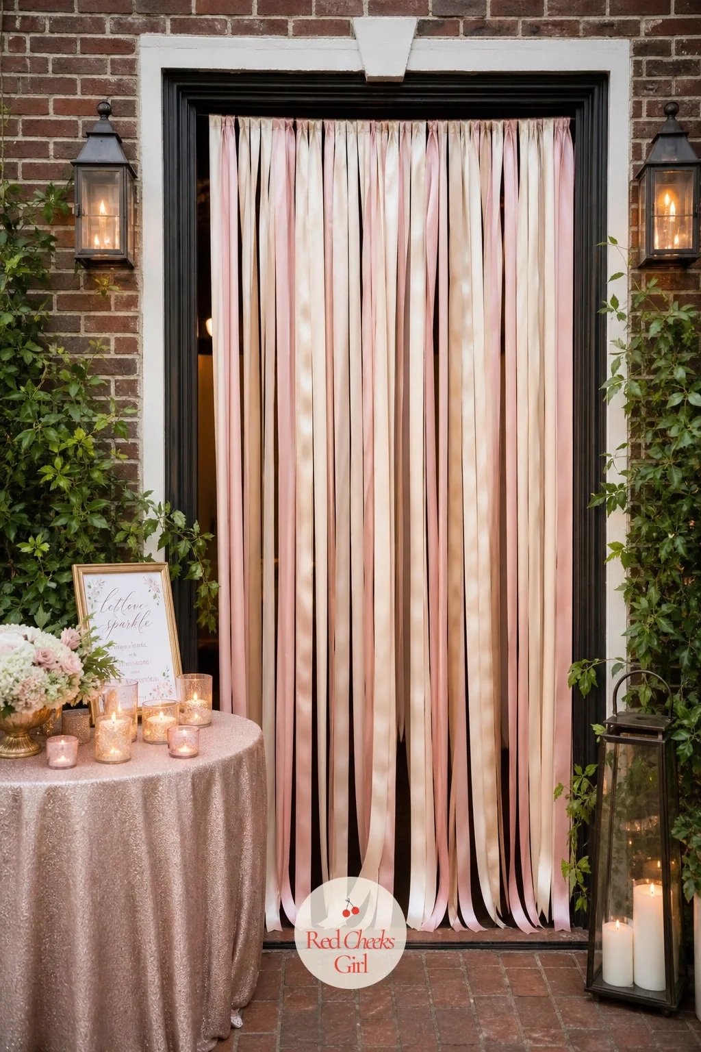 Satin Ribbon Streamer Backdrop at the Door — Long satin ribbons hung the height of the doorframe move with every draft through the door, champagne and blush