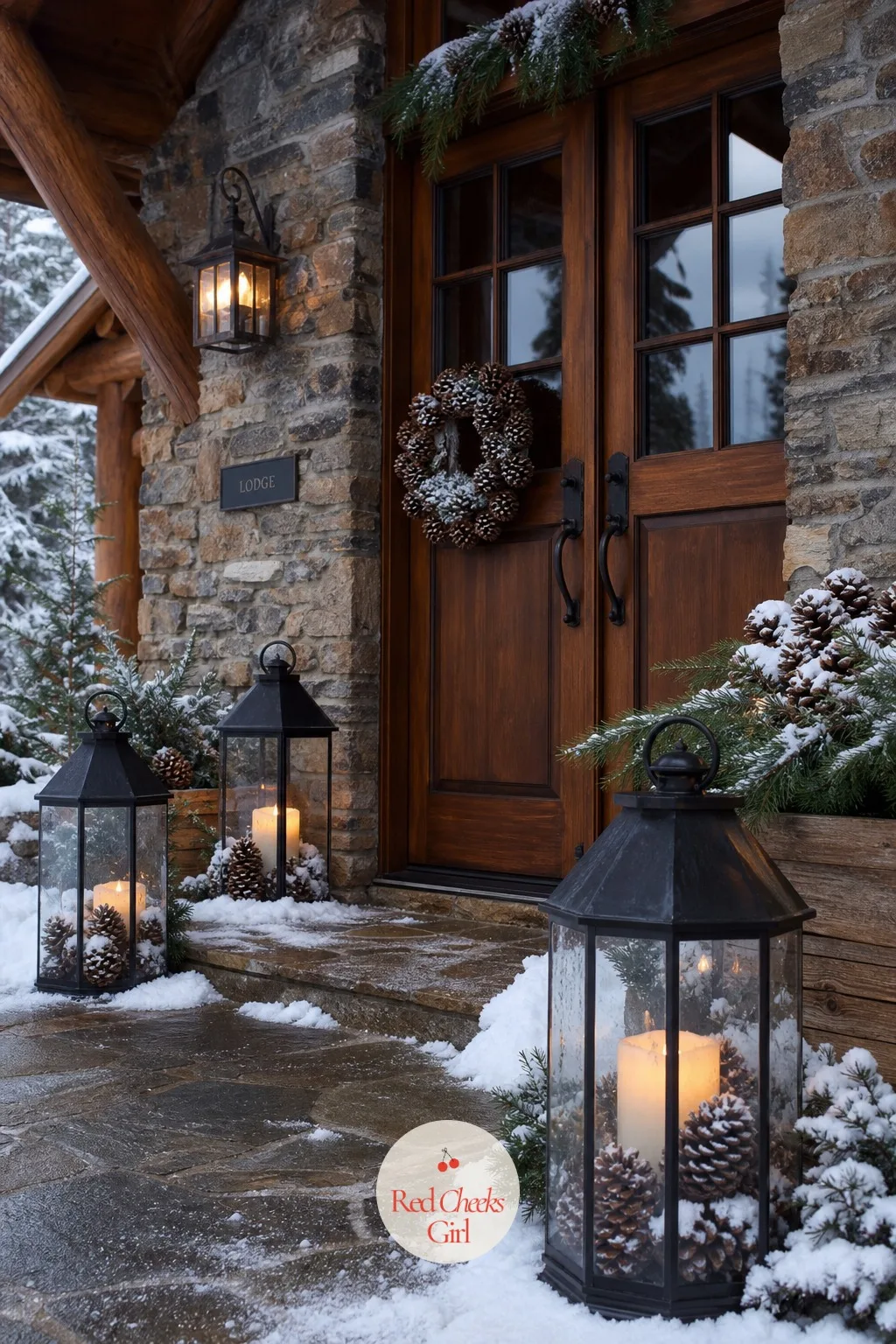 Snow-Dusted Pinecone and Candle Lanterns — Layered with pinecones and a light dusting of faux snow, glass lanterns either side of a winter door glow through
