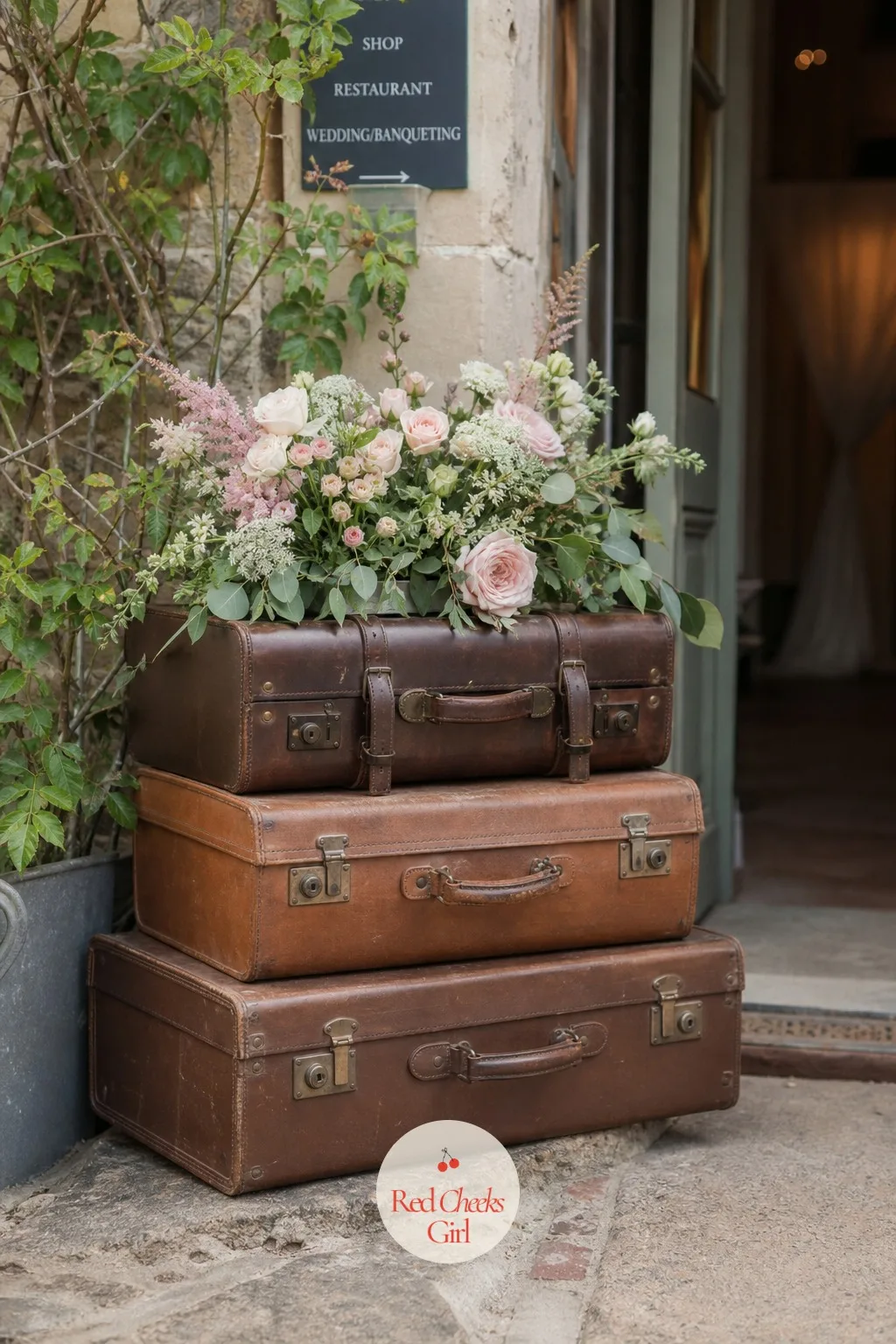 Stacked Vintage Suitcases with Flowers Beside the Door — Three leather suitcases stacked largest to smallest beside the door, a low arrangement of garden