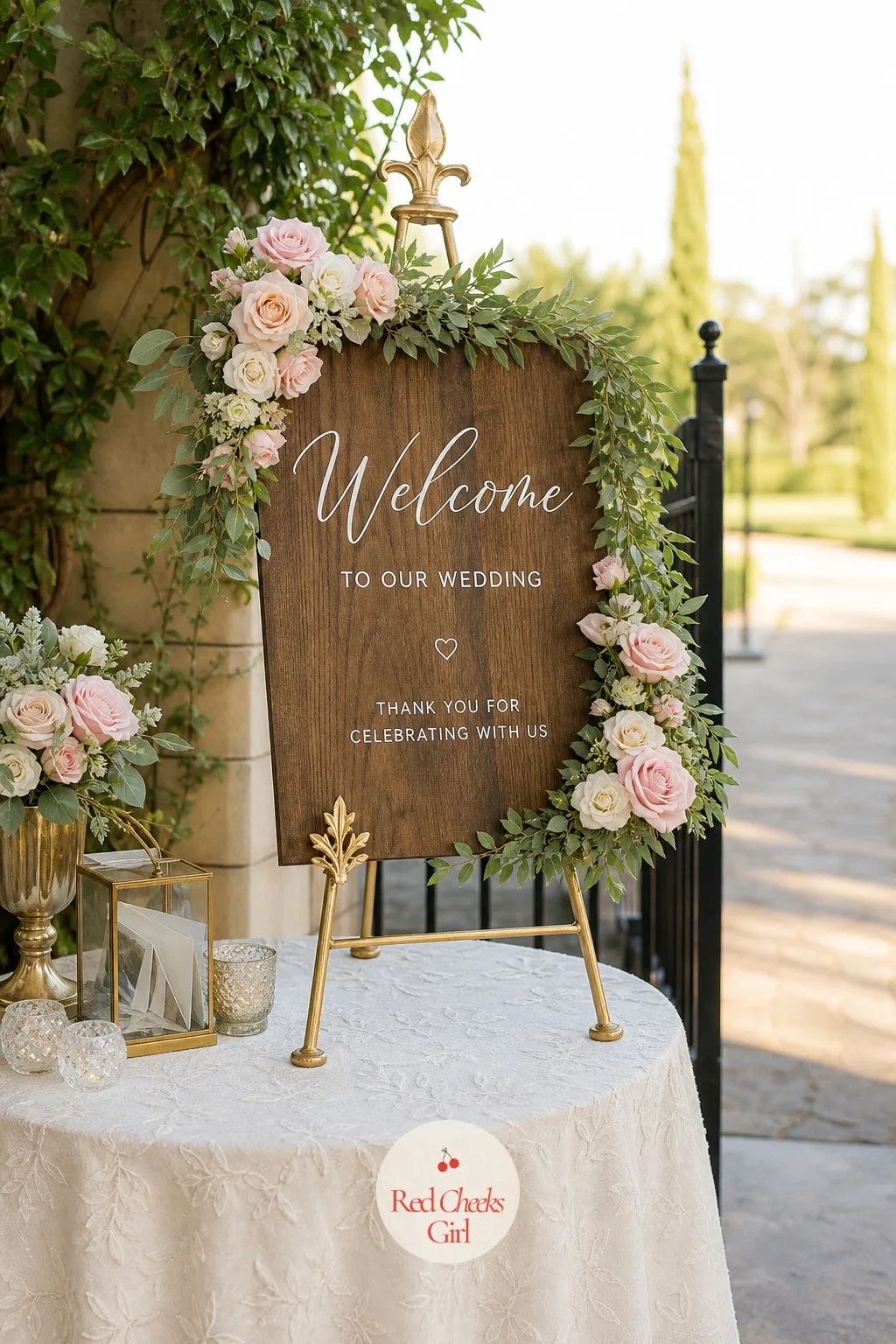 Welcome Sign on an Easel Framed in Flowers — A plain sign on a plain easel asks nothing of the eye. Wedding entrance decor