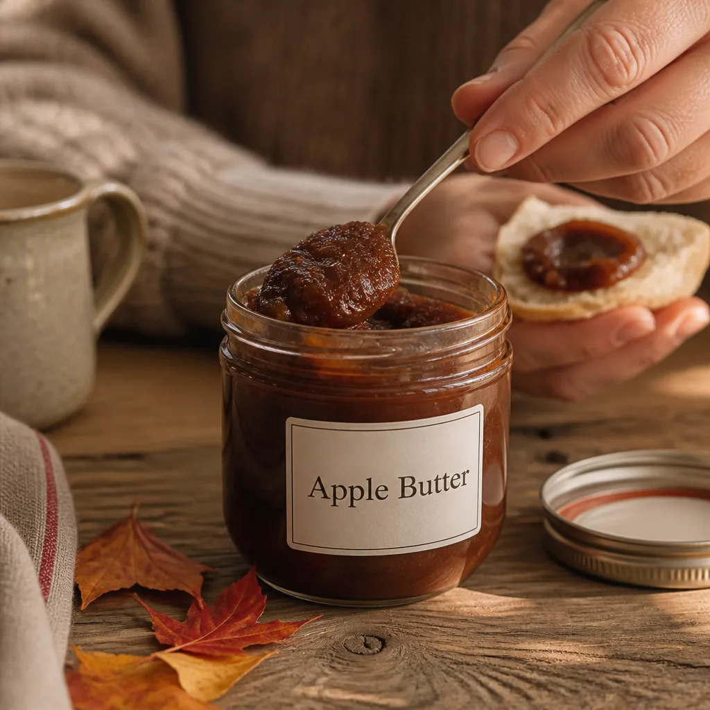 Apple Butter Jars For Fall — A small jar of real apple butter, the kind that actually gets spread on toast the following weekend instead of forgotten in a