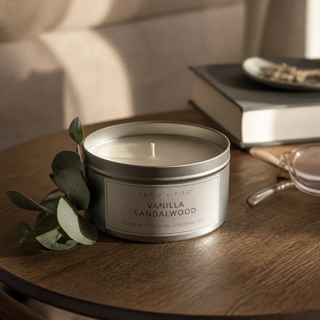 Candle Tins With The Date — This is a soy candle poured straight into a small tin, the kind that burns for real hours once she is back in her own kitchen.