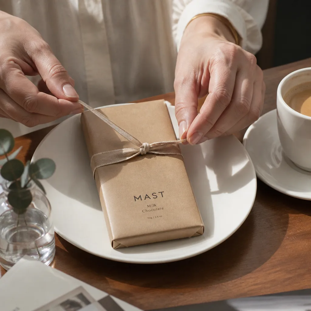 Chocolate Bars With Custom Wrap — A real chocolate bar, just wrapped in paper printed with the date or a short line, so it reads as a gift and not a vending