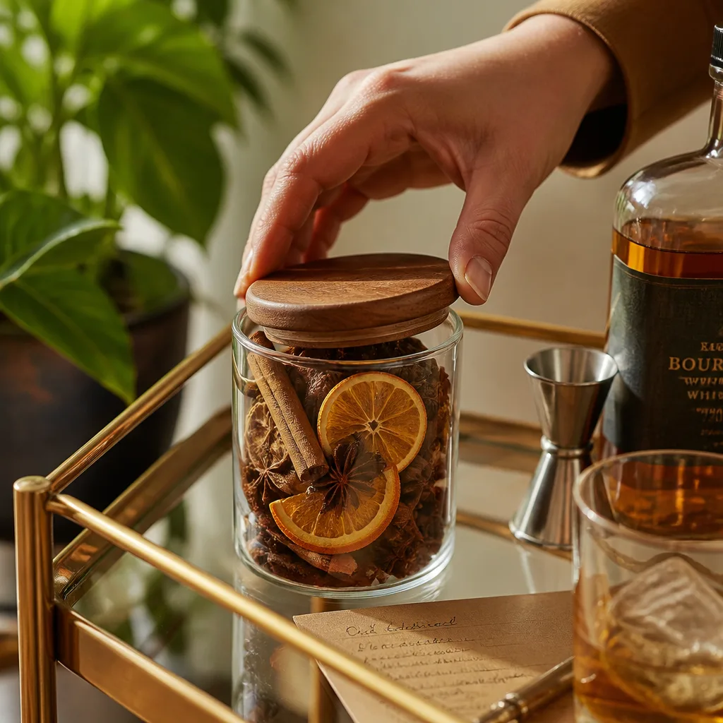 Cocktail Infusion Jars — A small jar with the dry ingredients for one cocktail infusion, meant to steep at home rather than be drunk on the spot. Wedding favors
