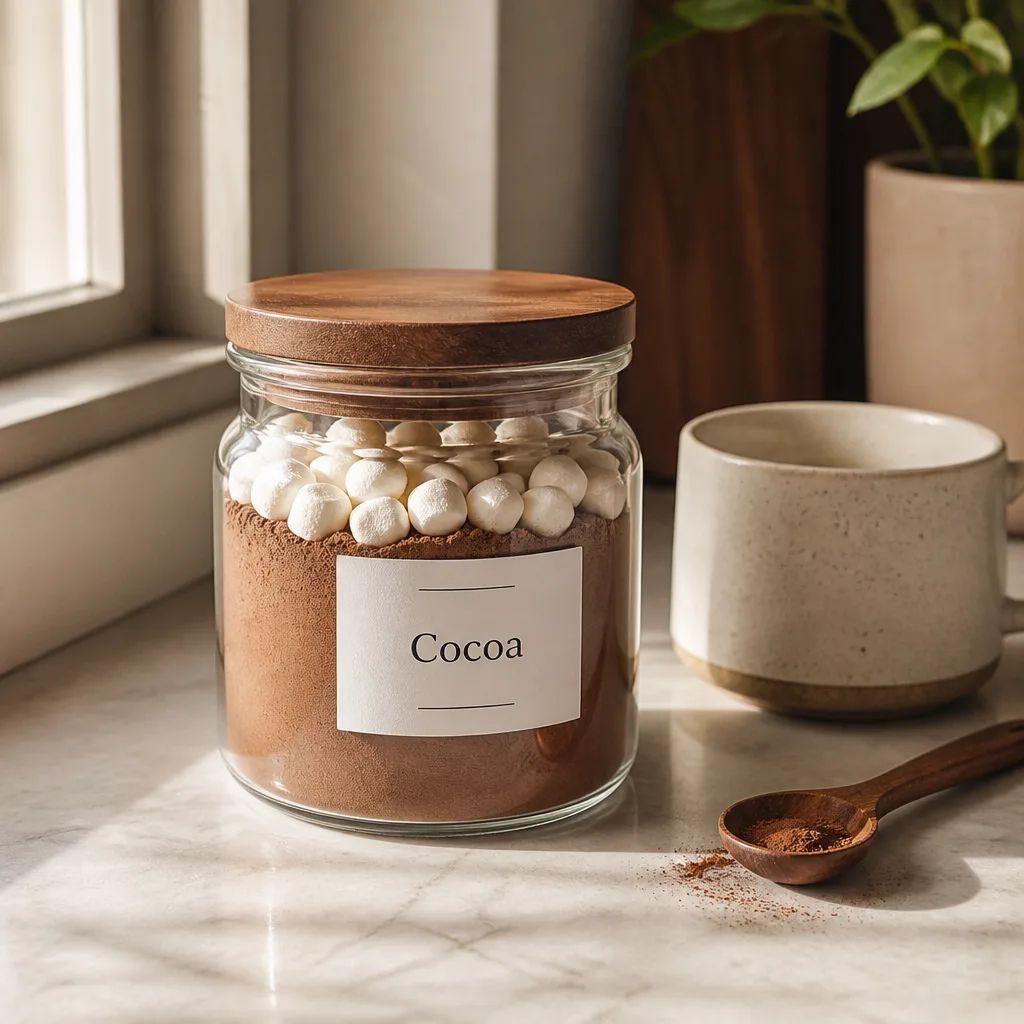 Cocoa Jars For Winter — A small jar of real hot cocoa mix, meant for the first cold night home, not for display on a shelf. Wedding favors