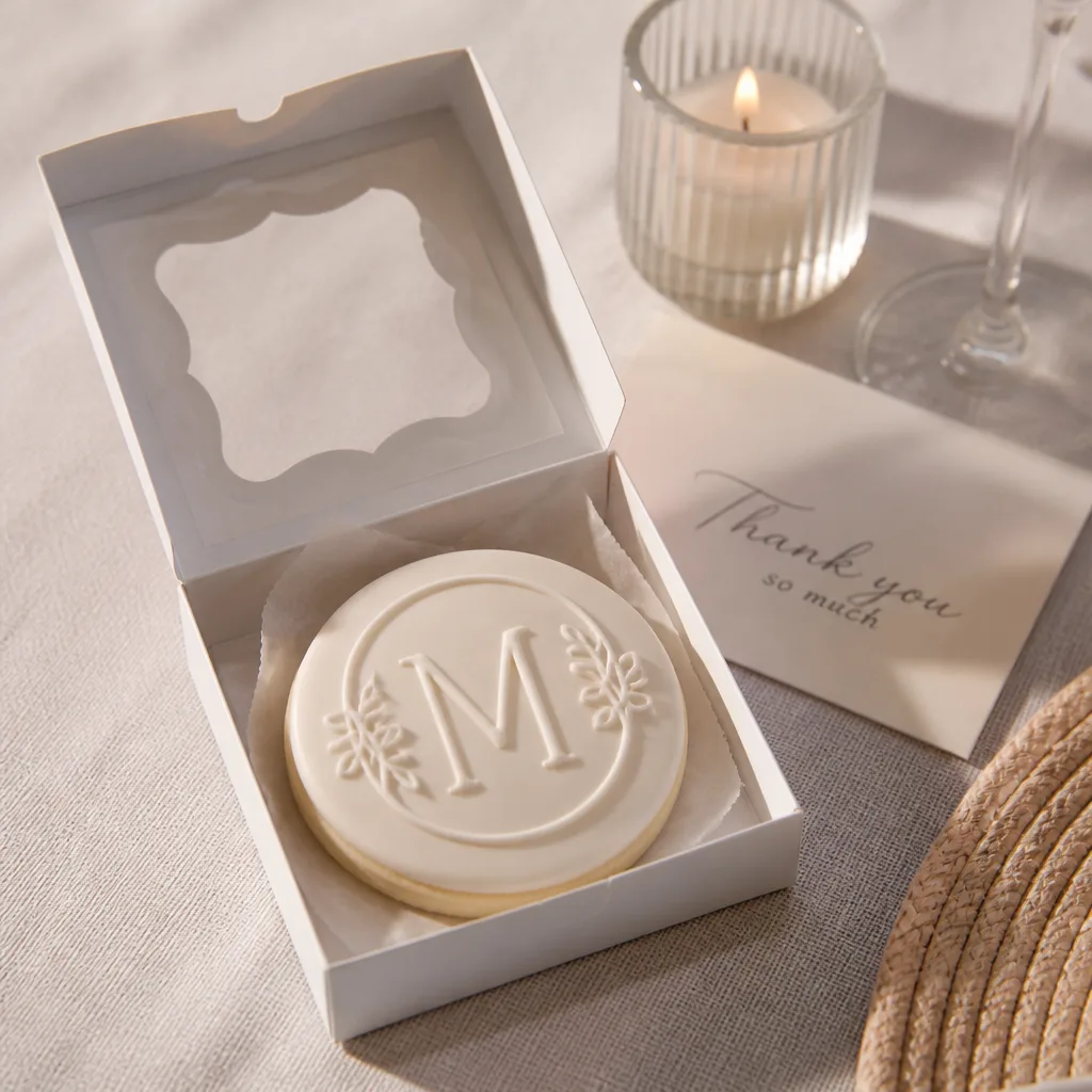 Cookies With Monogram Icing — A real sugar cookie with simple royal icing, piped with initials rather than a printed photo of anyone's face. Wedding favors