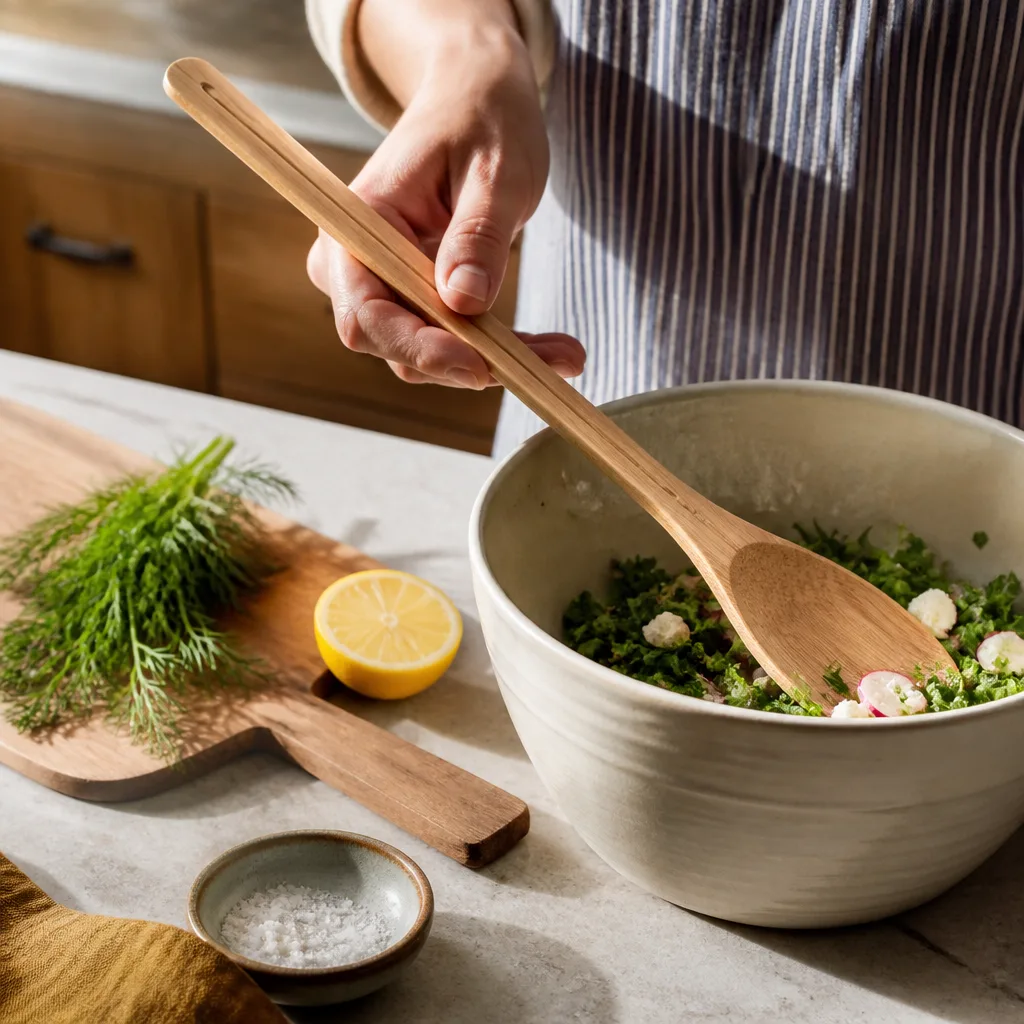 Engraved Wooden Spoons — A real wooden cooking spoon, engraved along the handle with something short, built for an actual cutting board rather than a drawer it