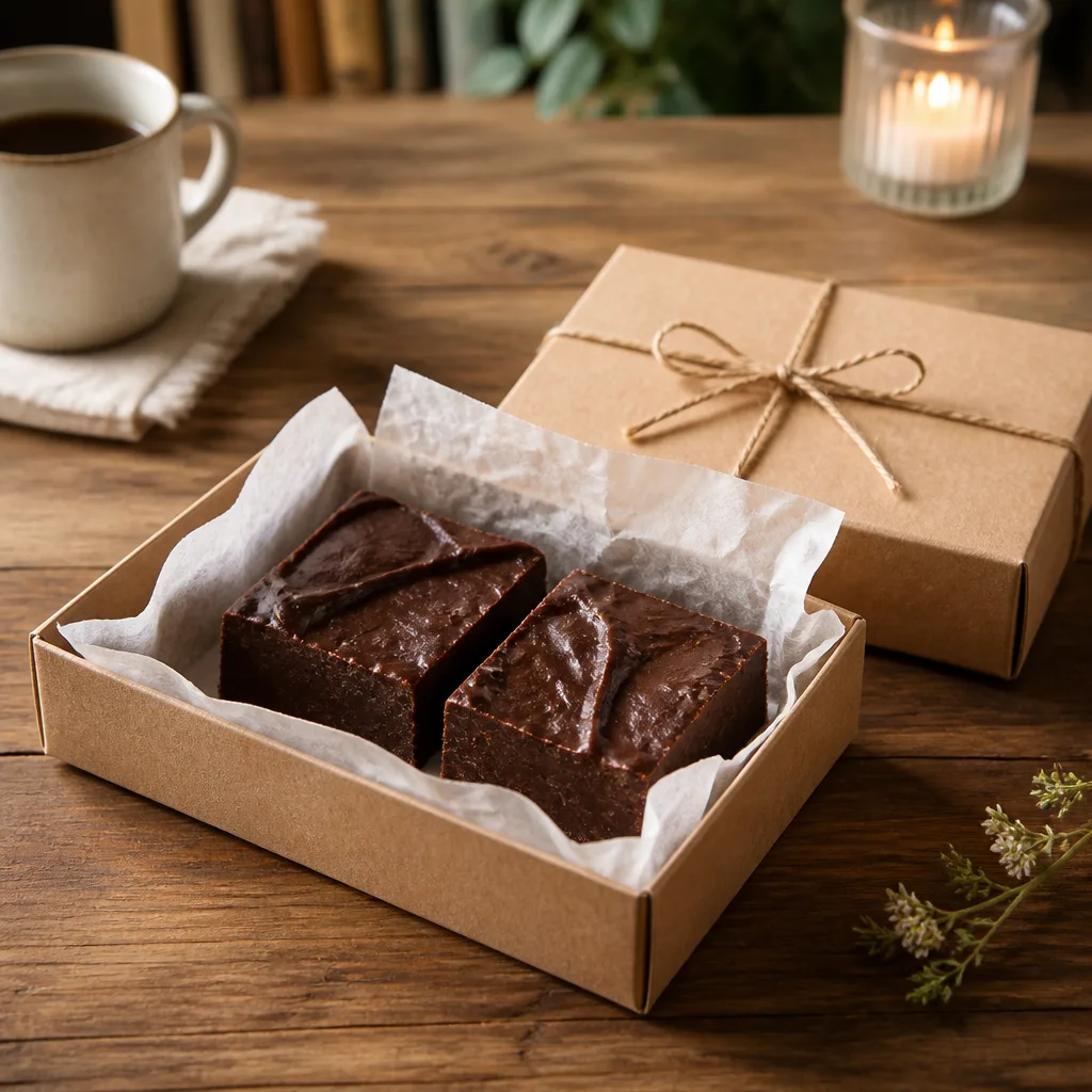 Fudge Squares In Boxes — A couple of real fudge squares in a small box, dense enough that two pieces feel like plenty, never like you skimped. Wedding favors