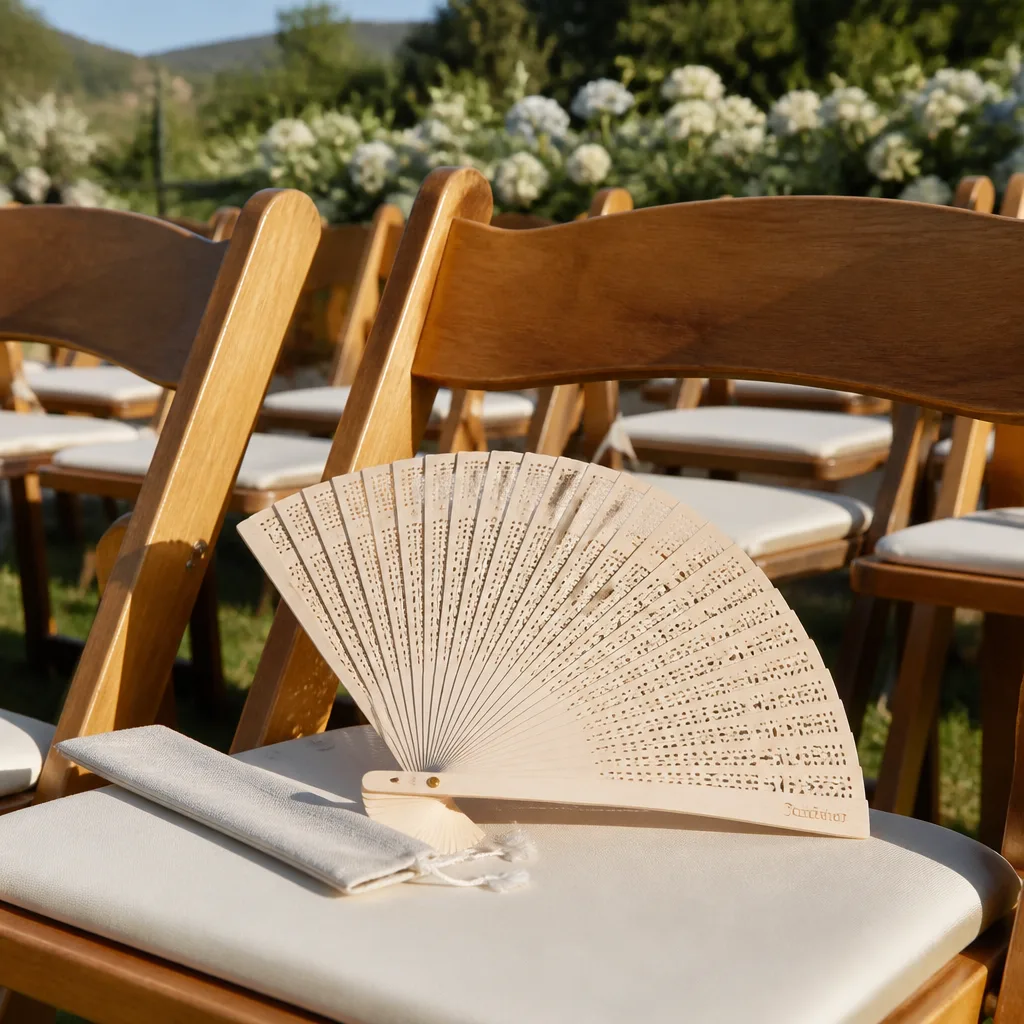 Hand Fans For Summer — A real folding fan, meant to be used during the ceremony itself rather than carried home unopened. Wedding favors