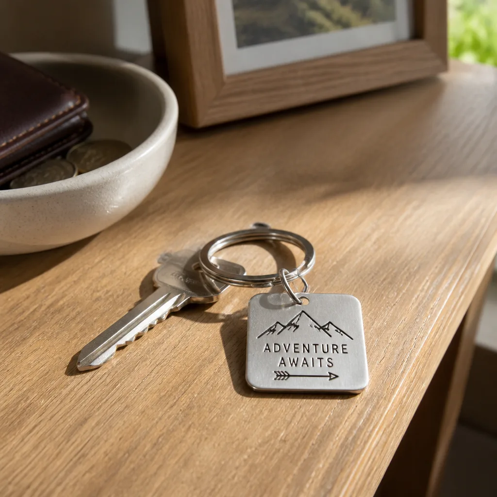 Keychains With The Date — A small metal keychain, stamped simply, light enough to actually clip onto a set of keys instead of sitting in a junk drawer. Wedding