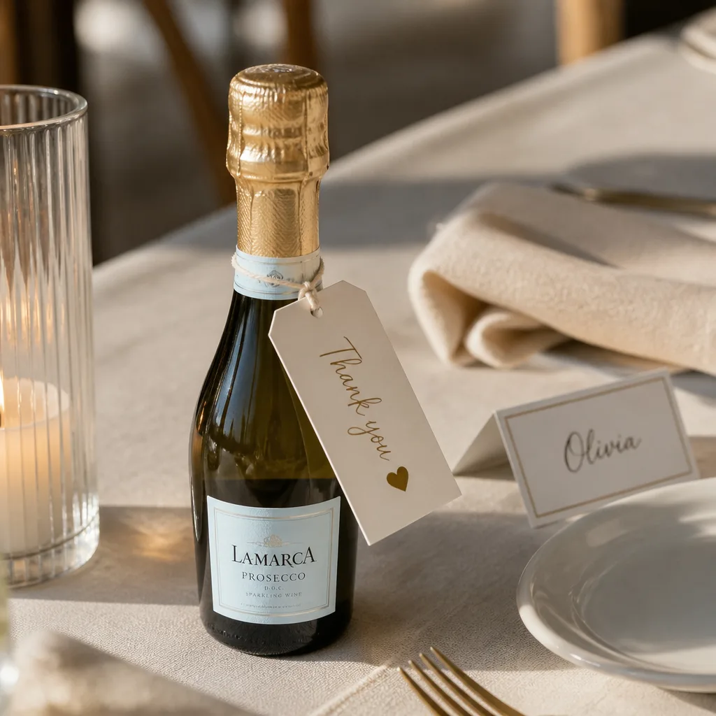 Mini Champagne Bottles — A full bottle at every seat would empty the bar budget fast, so this is one proper pour of sparkling wine, bottled small and capped in