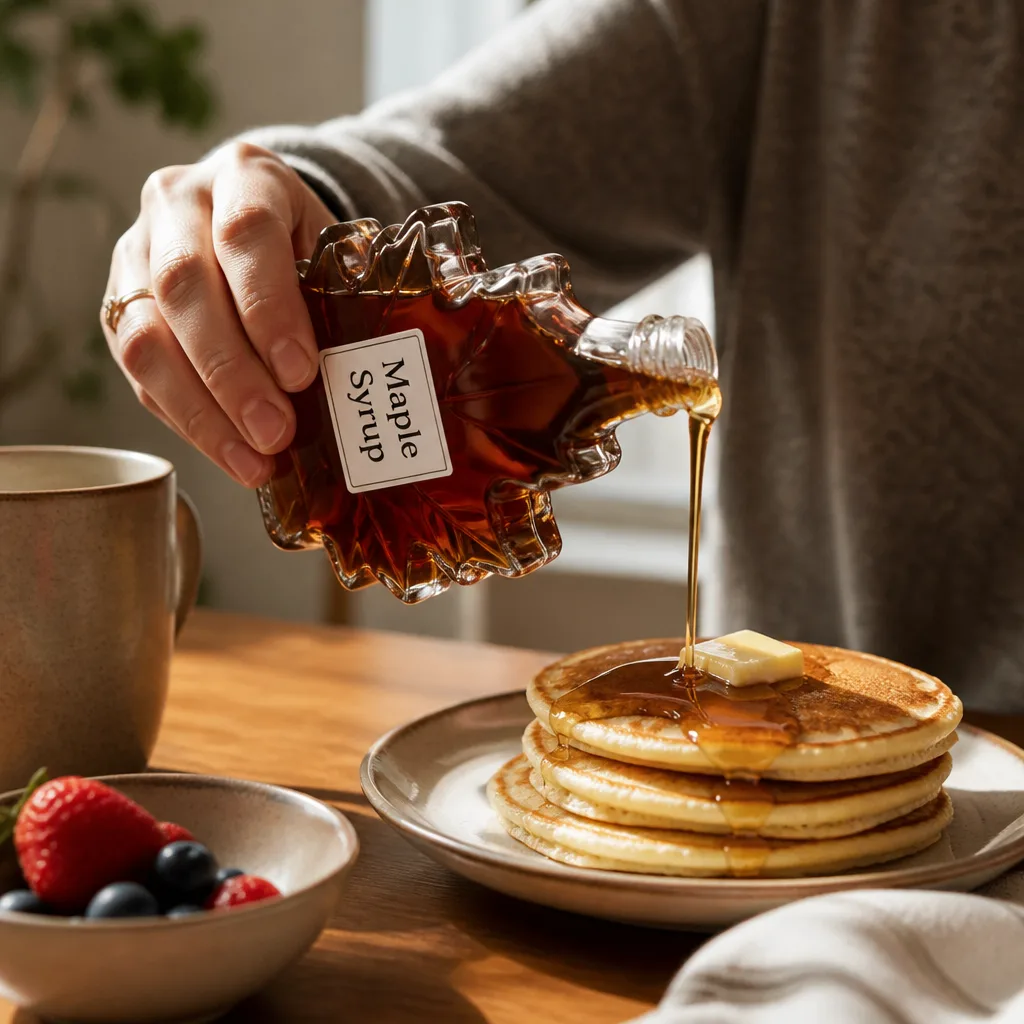 Mini Maple Syrup Bottles — A small glass bottle of real maple syrup, the kind that actually gets used on a Sunday pancake morning instead of sitting on a