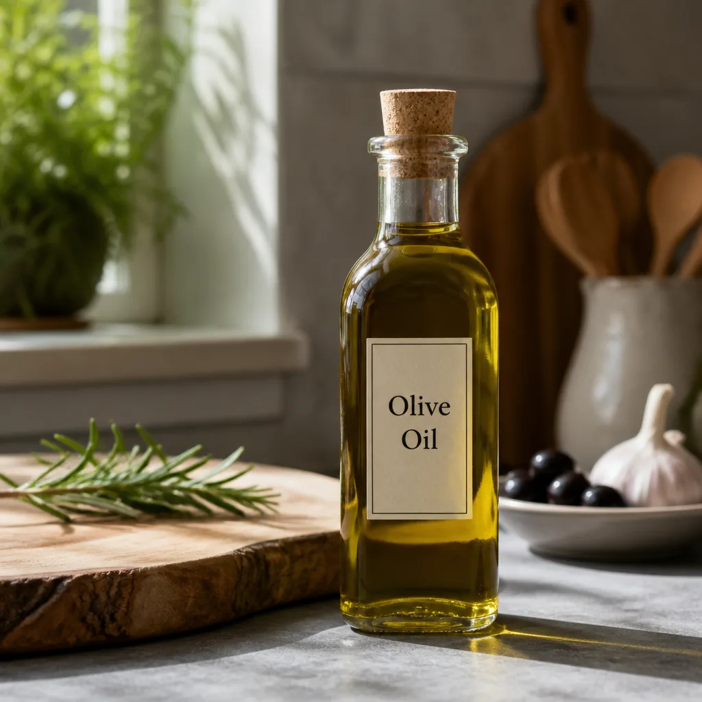 Olive Oil Bottles — A small bottle of real olive oil, poured for cooking rather than for show, so it earns its spot on a shelf instead of a landfill. Wedding