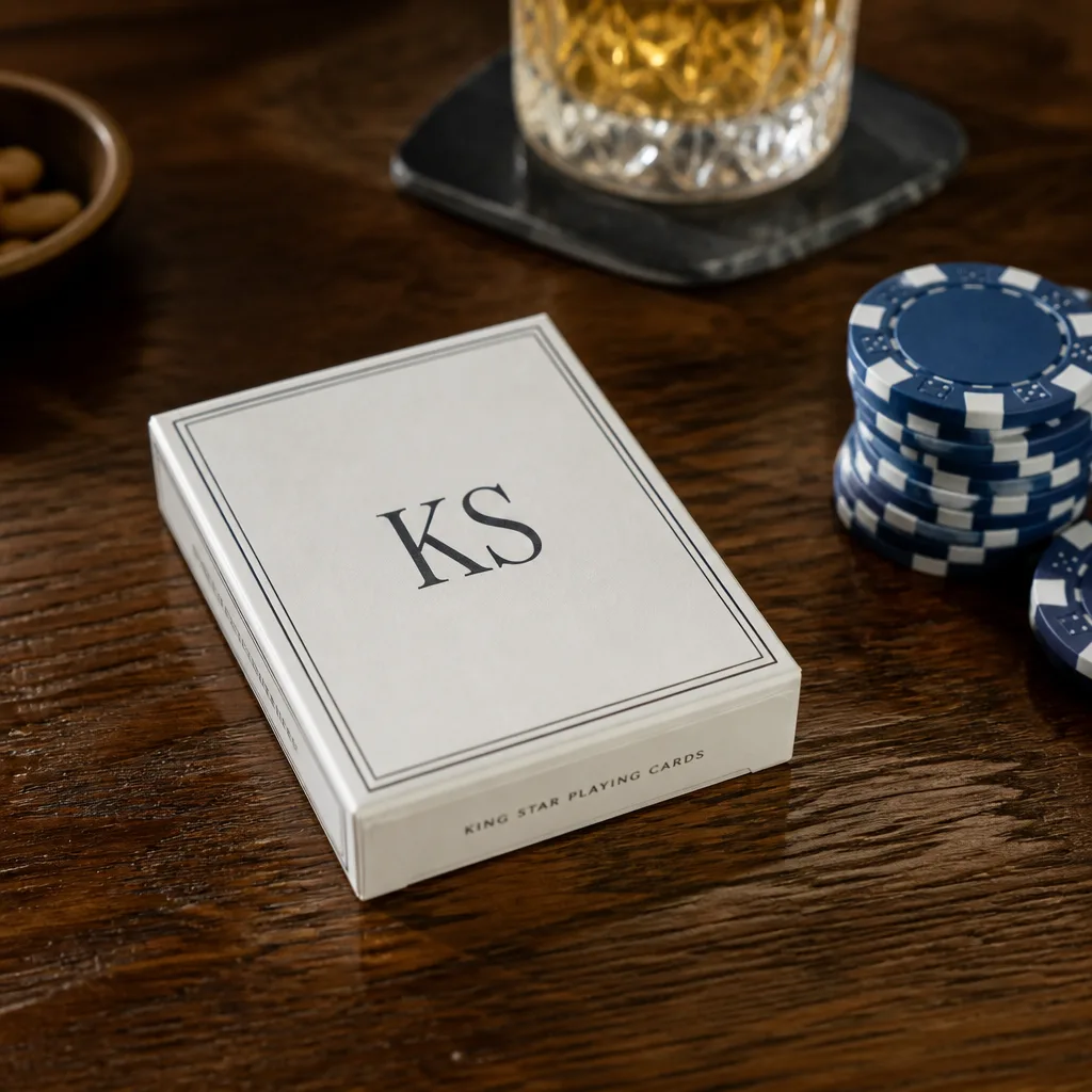 Playing Cards With A Monogram — A real deck of playing cards, printed with a simple monogram on the box rather than anyone's face plastered across the back.