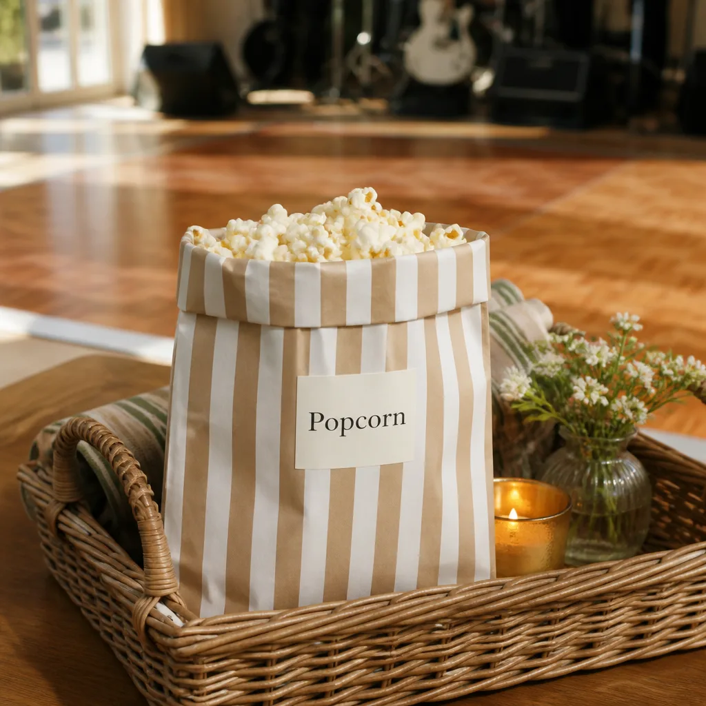 Popcorn Bags — A small bag of popcorn, sweet or savory, that doubles as a late-reception snack and a take-home favor at once. Wedding favors