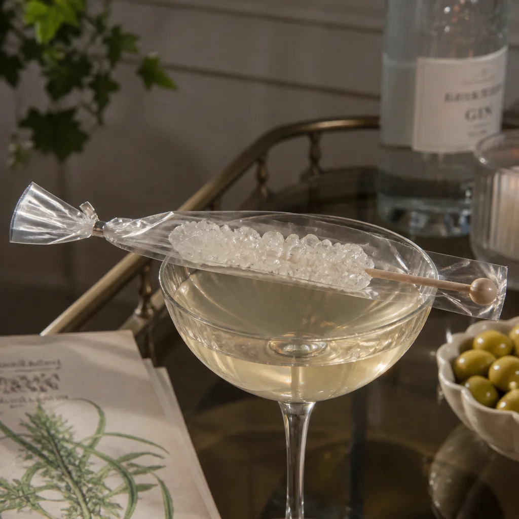 Rock Candy Sticks — A stick of real crystallized sugar candy, wrapped simply in cellophane, the kind of treat that is cheap to buy in bulk. Wedding favors
