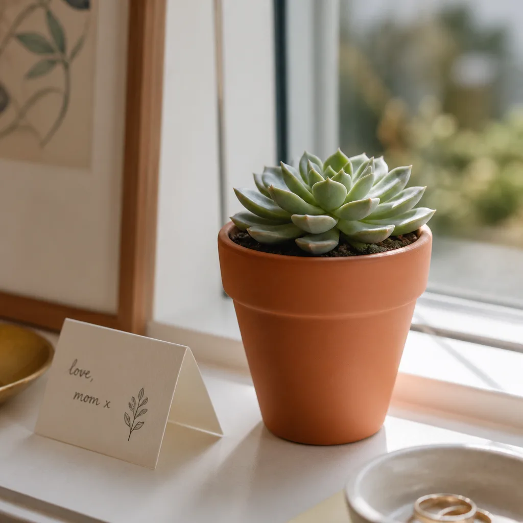 Succulents In Clay Pots — A small live succulent in its own clay pot, a plant that survives weeks of neglect and still looks intentional on a windowsill.