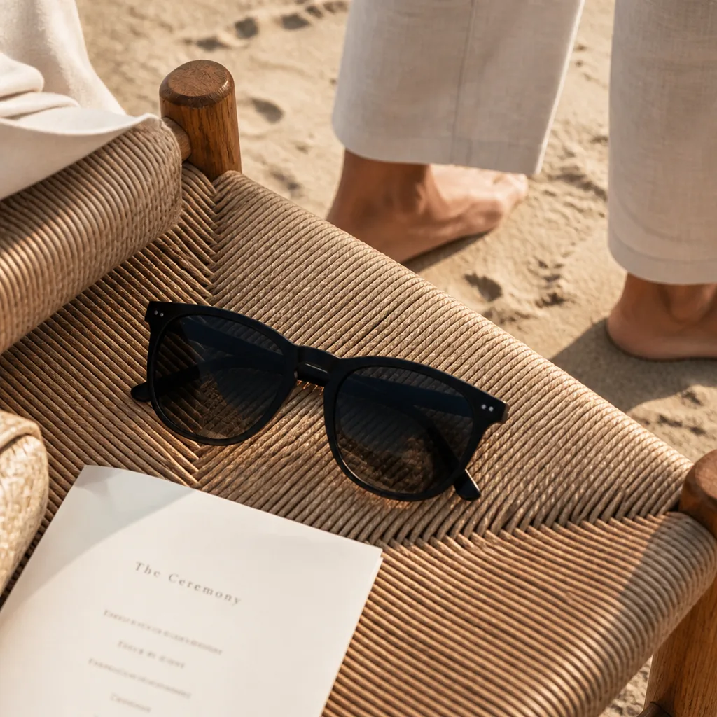 Sunglasses For A Beach Wedding — A real pair of sunglasses, plain and sturdy, handed out the moment the ceremony starts so nobody squints through the vows.