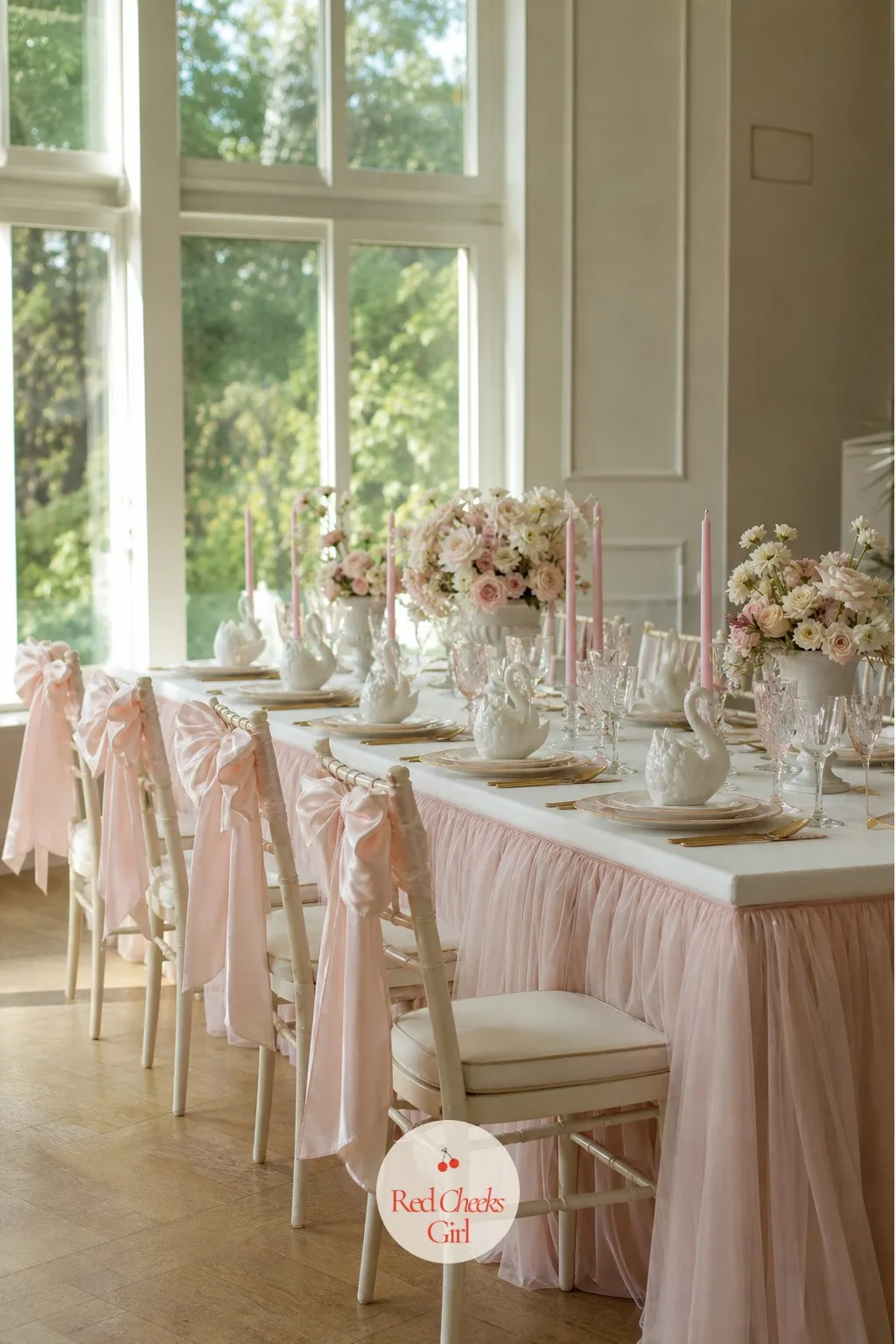 Balletcore with Swans and Bows — Blush pink, ivory and pale grey, soft enough that nothing in the room shouts. Wedding themes