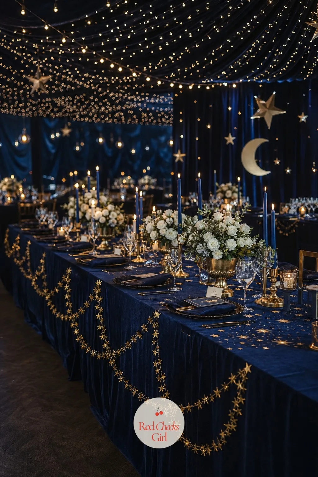 Celestial Starlit Night — Navy, gold and silver, with the ceiling doing most of the work. Wedding themes