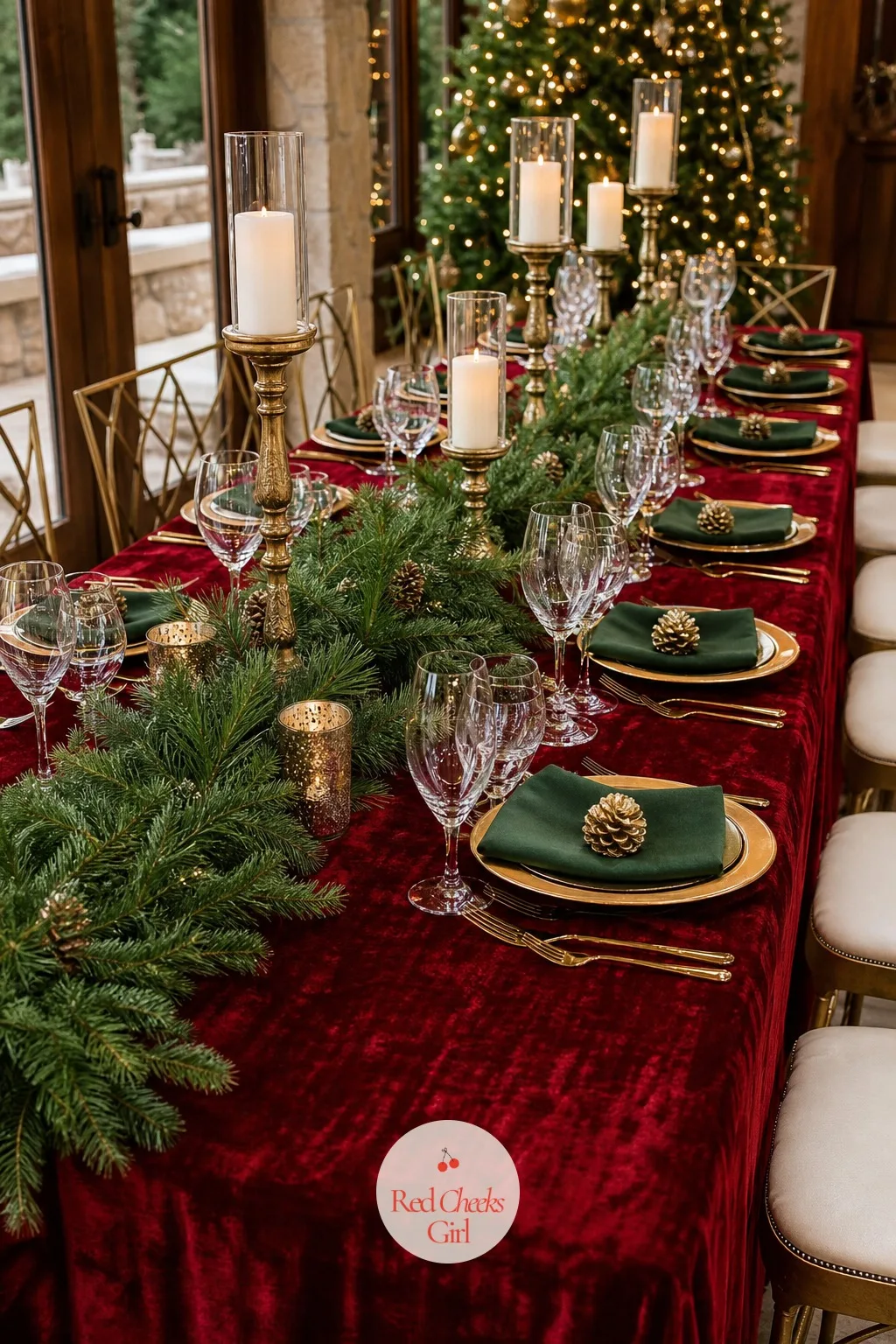 Christmas — Deep red, forest green and gold, built around a pine garland rather than full tinsel. Wedding themes