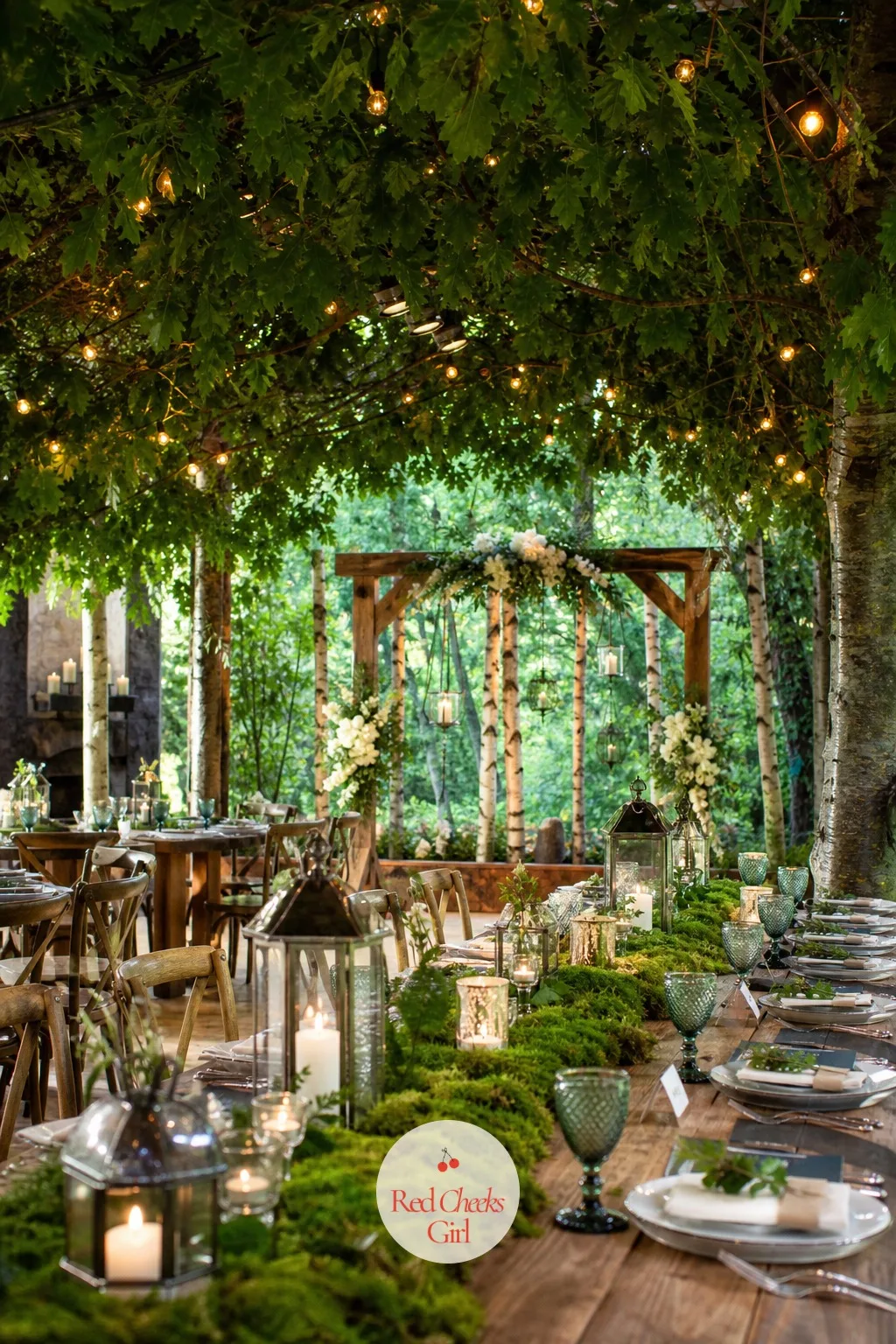 Enchanted Forest — Deep green, gold and ivory, lit entirely by candle rather than overhead light. Wedding themes