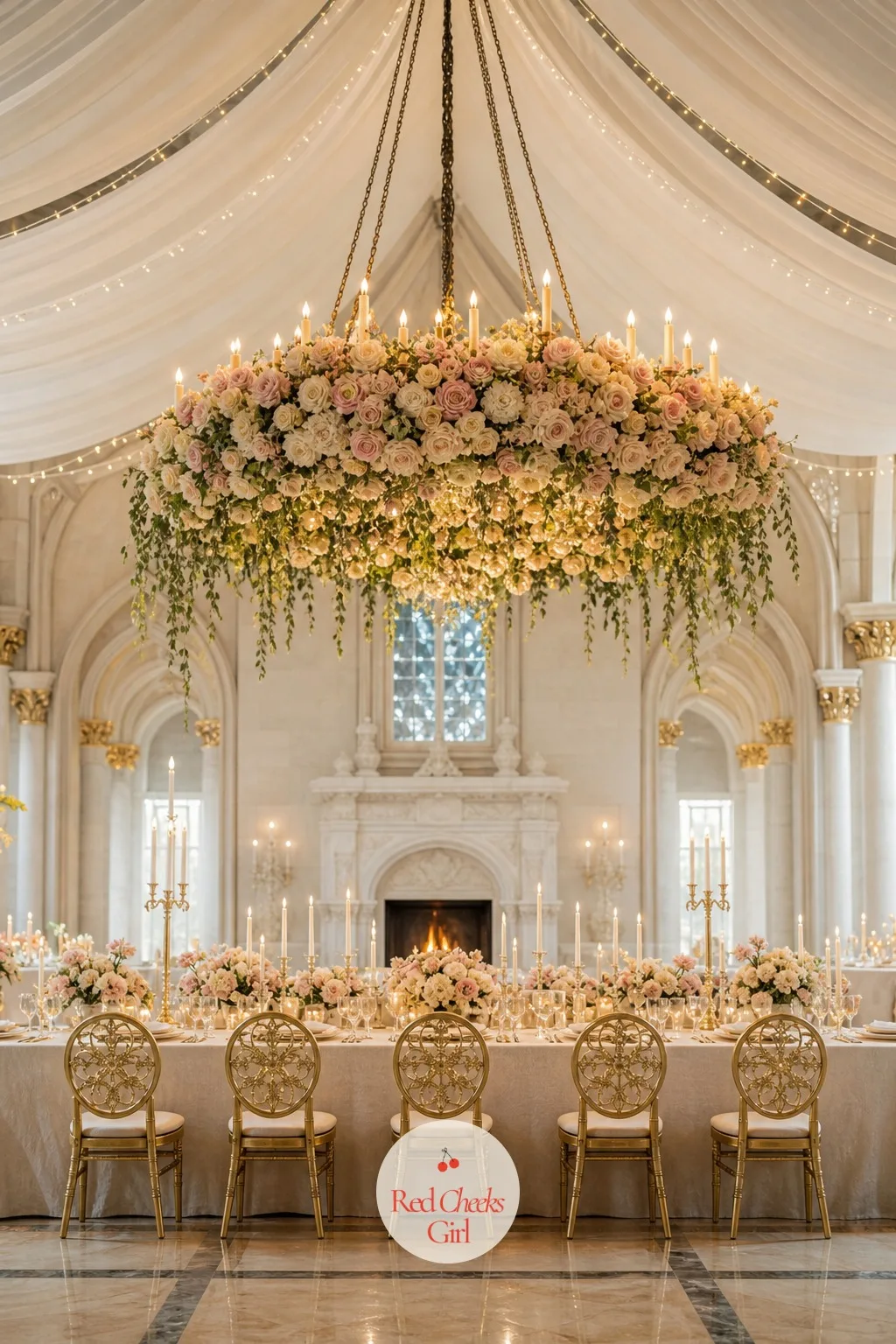 Fairytale Castle — Ivory, blush and gold, scaled up rather than fussed over. Wedding themes