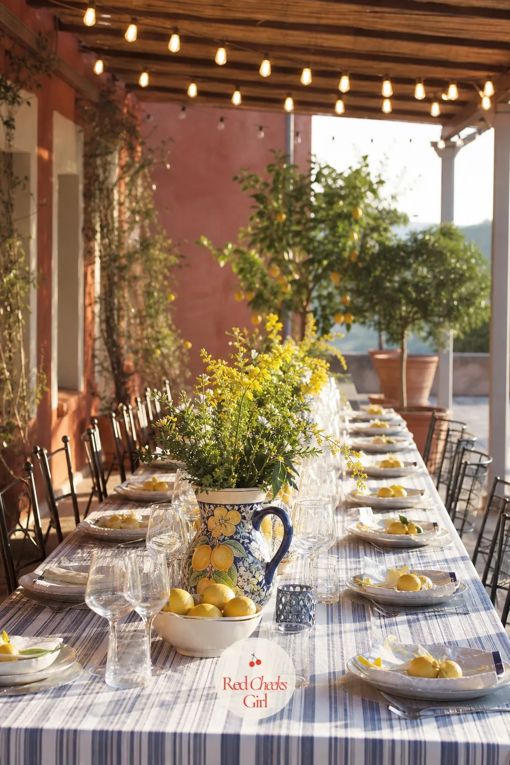 Italian Summer — Terracotta, lemon yellow and olive green, lit by string lights rather than anything formal. Wedding themes