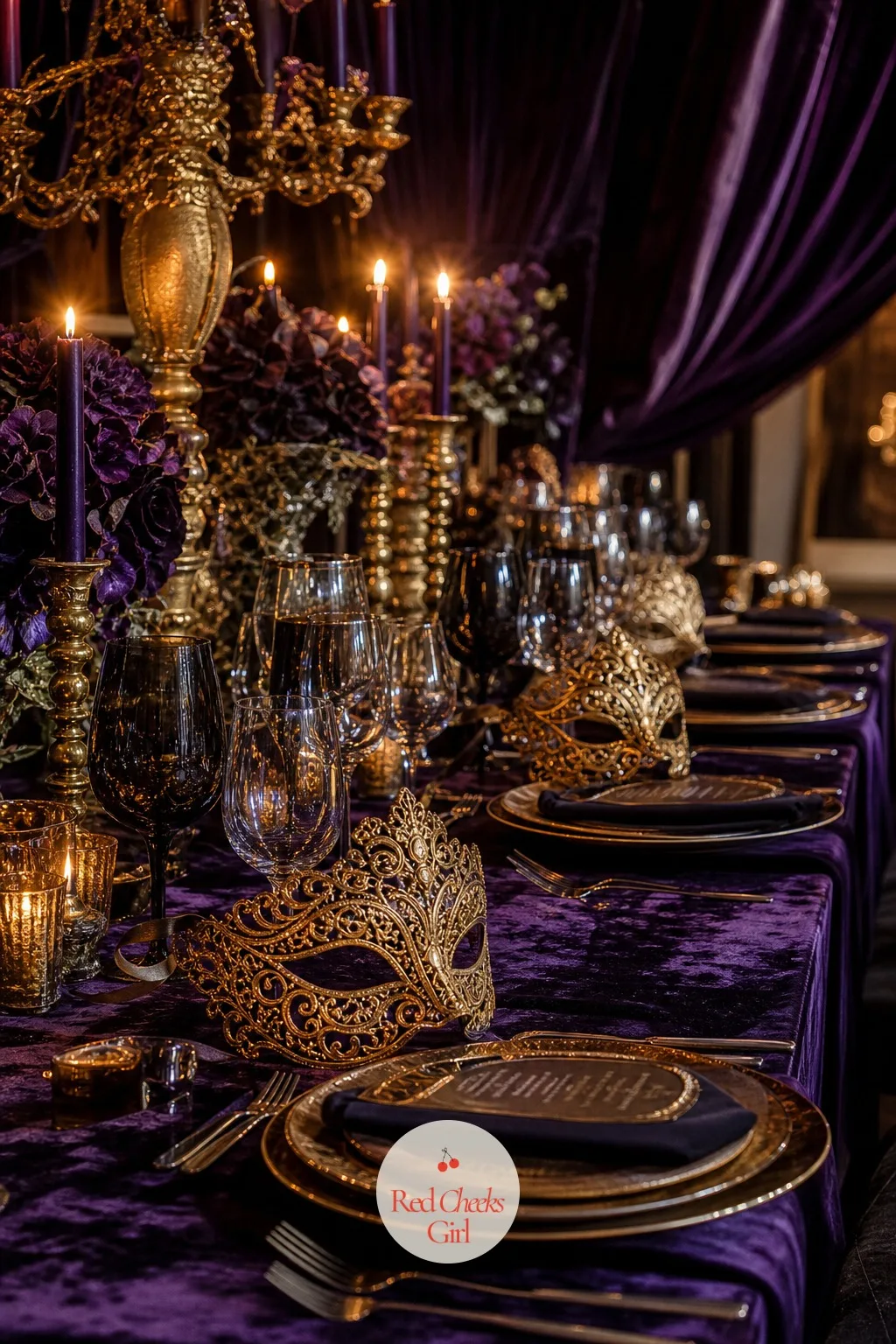 Midnight Masquerade — Deep purple, gold and black, lit entirely by candle. Wedding themes