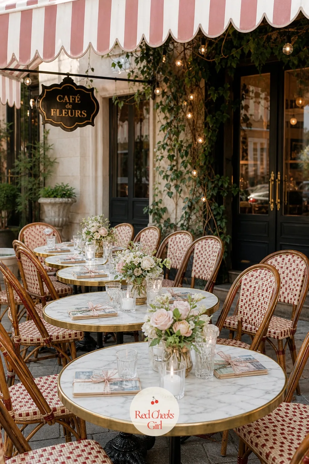 Parisian Cafe — Cream, dusty rose and black, arranged like a sidewalk cafe rather than a ballroom. Wedding themes