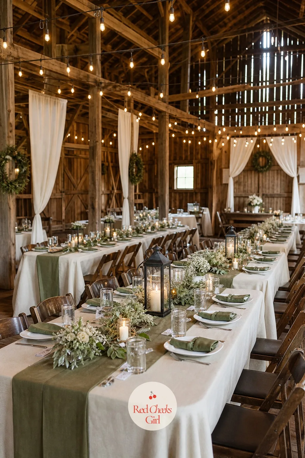 Rustic Barn — Done right, this is cream, wood brown and sage, not a theme park version of a farm. Wedding themes