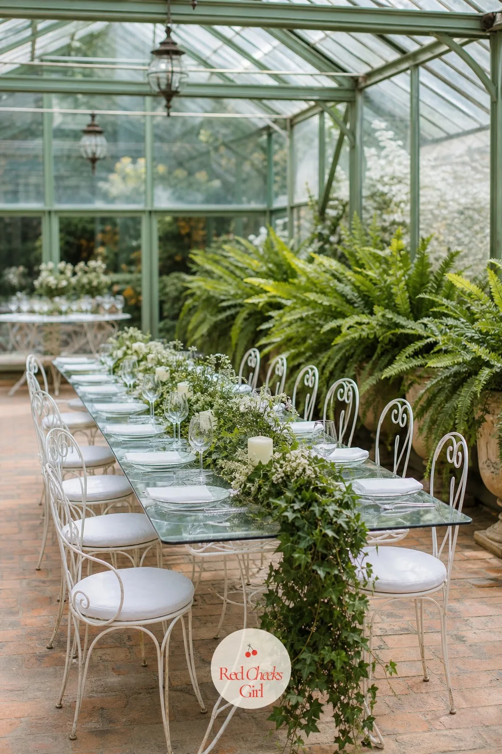 Secret Garden Greenhouse — Emerald green, white and blush, inside glass rather than under open sky. Wedding themes