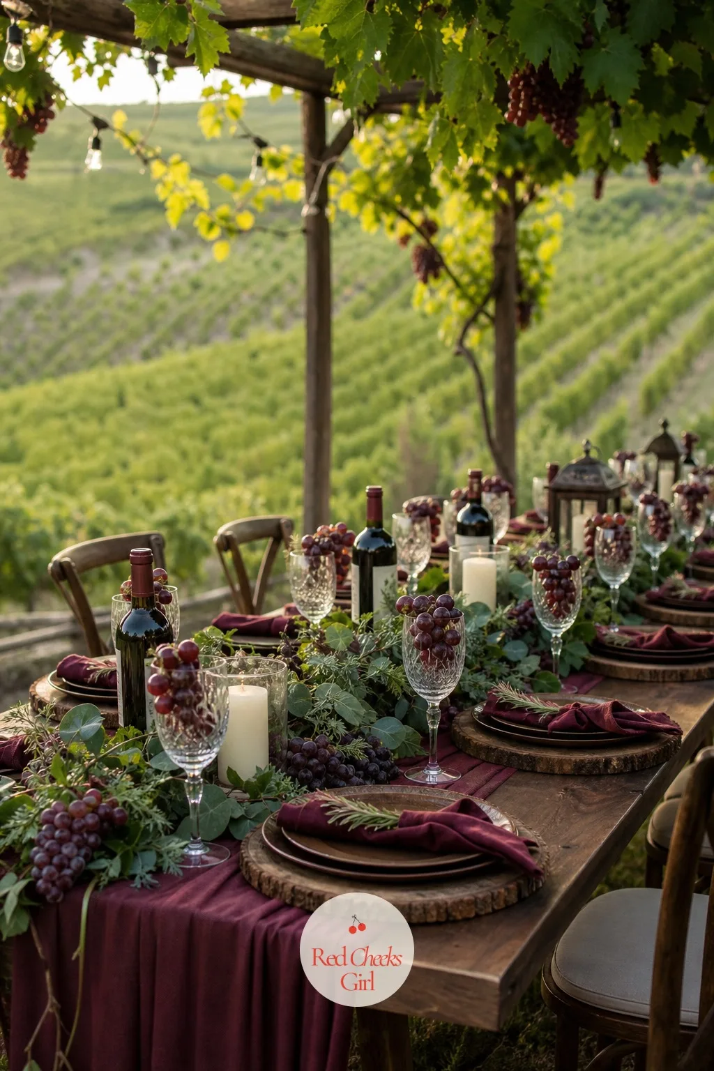 Tuscan Vineyard — Deep wine red, olive green and cream, built around the idea of a long harvest dinner. Wedding themes