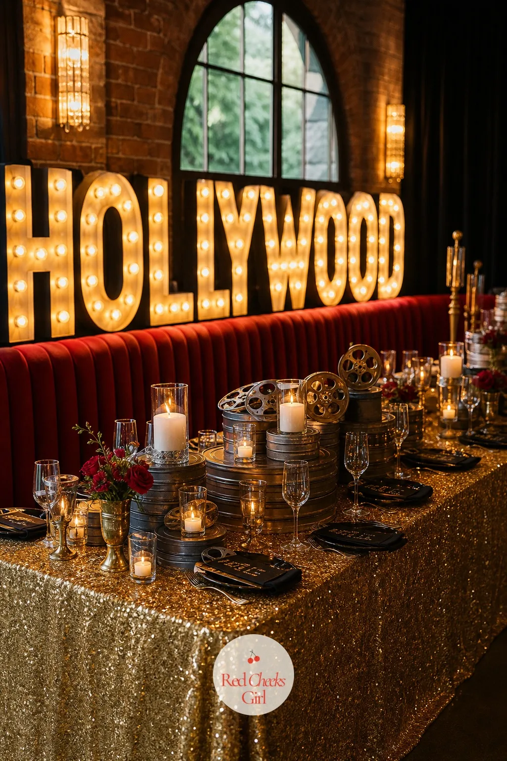 Vintage Hollywood Glamour — Red, black and gold, lit like a premiere rather than a wedding. Wedding themes