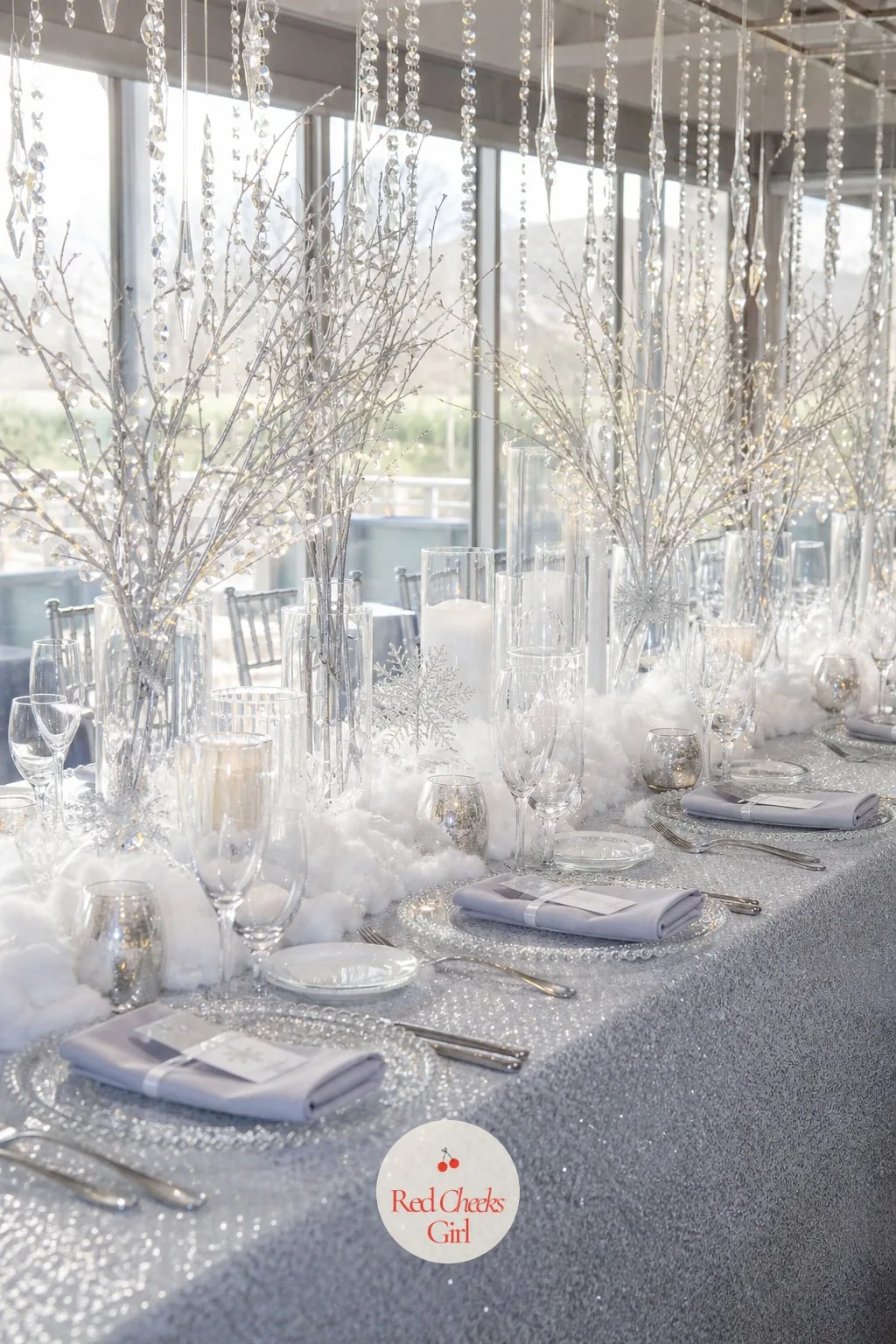 Winter Wonderland — White, silver and ice blue, kept cold on purpose so the warm lighting reads as the contrast. Wedding themes