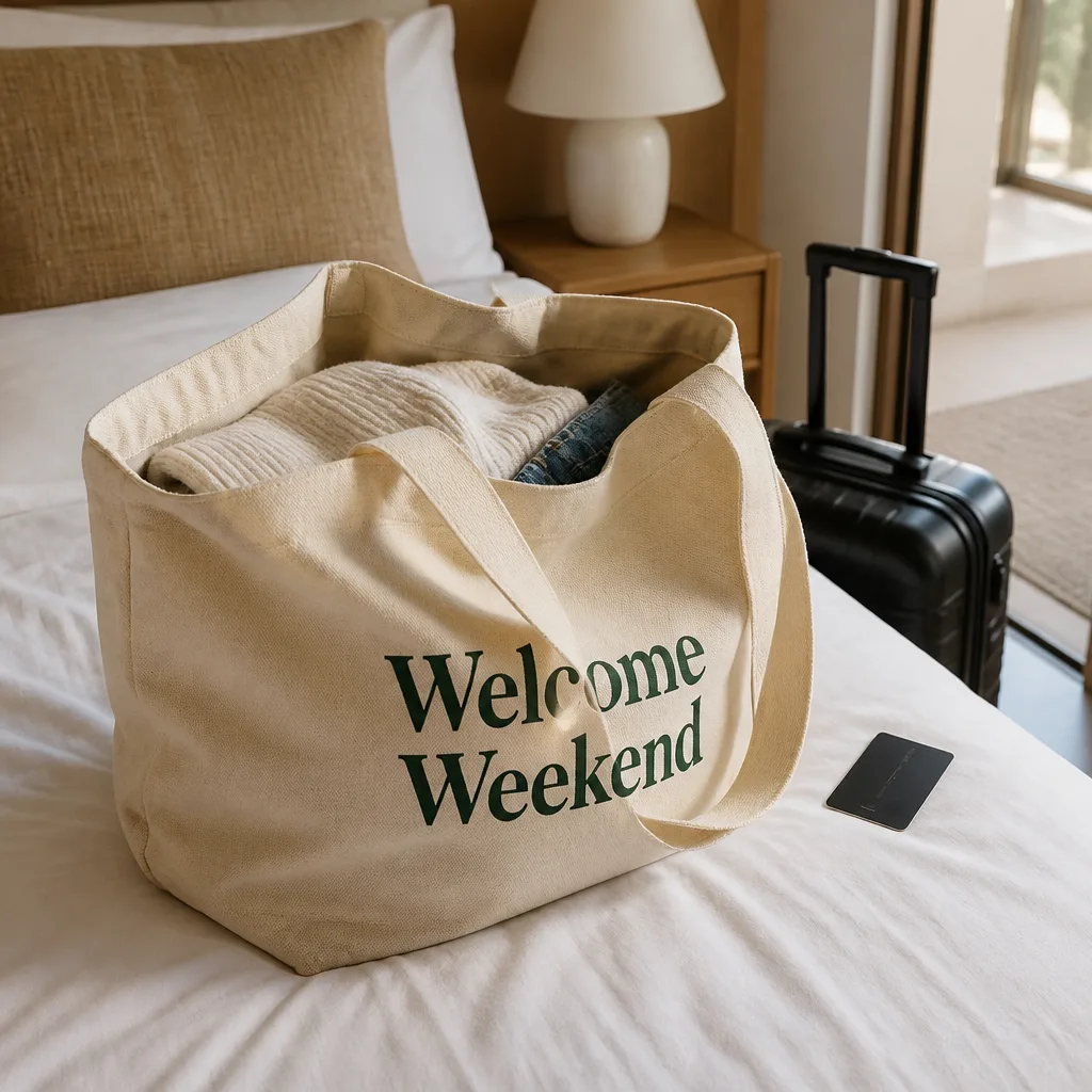 Printed Tote Bag — A plain paper gift bag never survives a full weekend, and fumbling with torn handles at eleven at night is not the welcome you pictured.