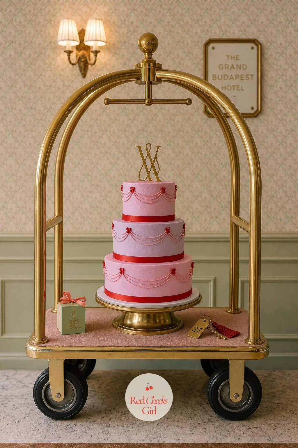 Bellman's Cart Wedding Cake — A cake on a plain plinth is pretty but forgettable in this room, and wheeling it in on a brass cart turns the cutting into its