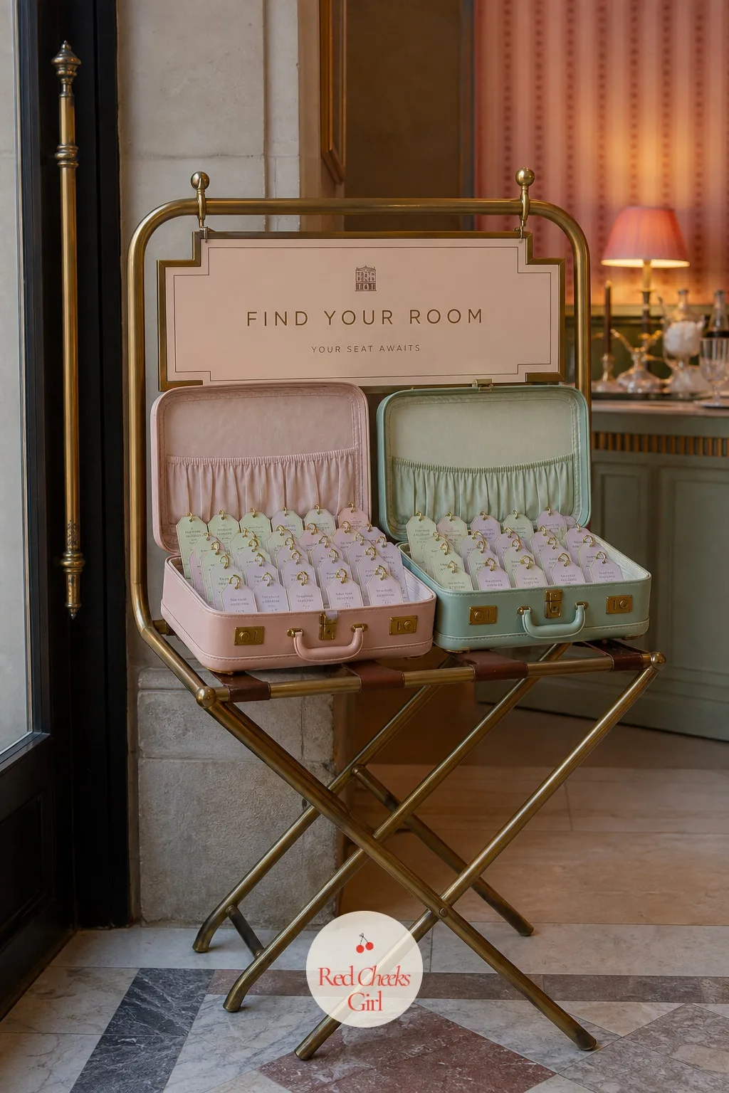 Brass Luggage Rack Seating Chart — A flat poster of table assignments never matches the rest of the room, and this theme has a better object sitting right