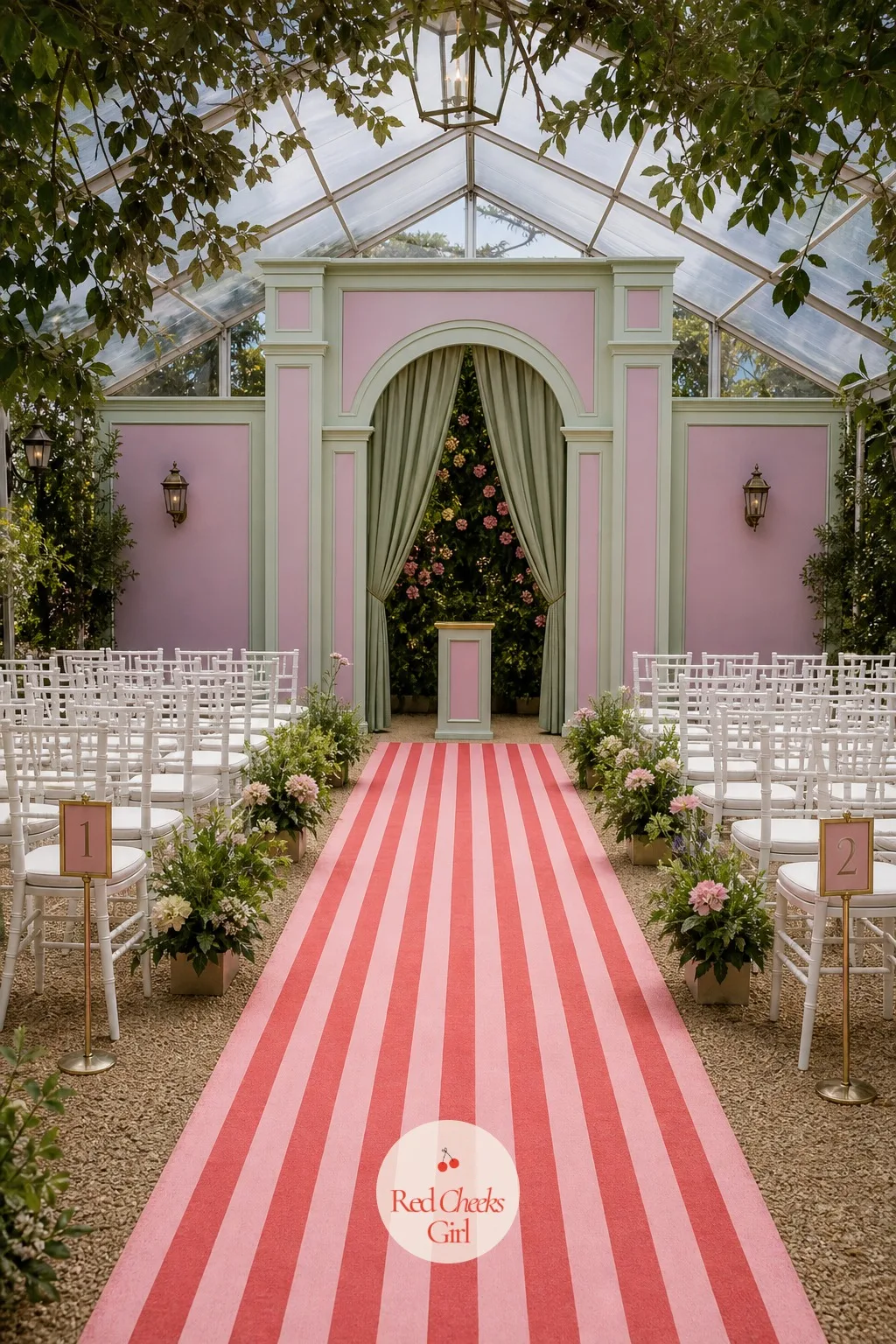 Hallway-Striped Aisle Runner — A plain white runner disappears into the grass the moment guests sit down, and this room wants to feel like a corridor, not a