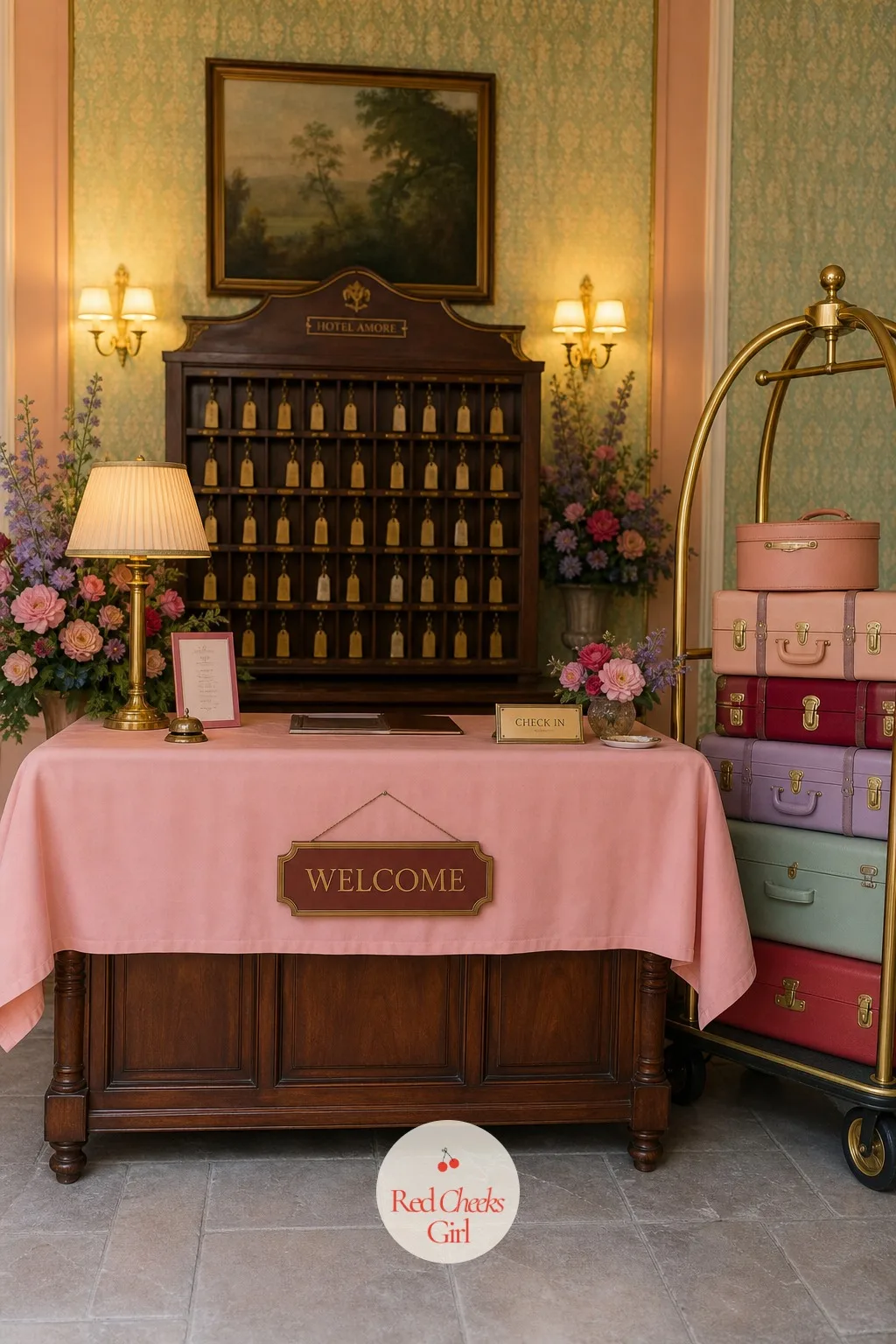 Hotel Reception Desk Welcome With Luggage Cart And Vintage Suitcases — Guests arrive unsure what kind of party they have walked into, and a bare entrance table