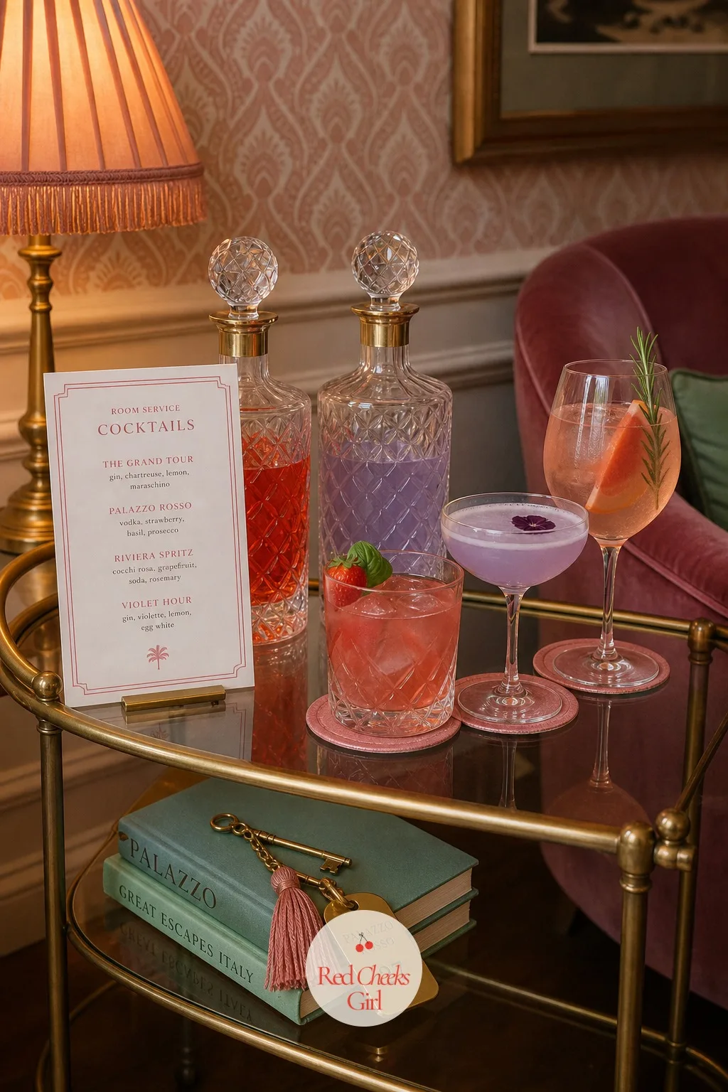 Mini Bar Cart With Named Signature Cocktails — A standard bar table with a chalkboard menu does not belong in this room, and a brass trolley with a printed