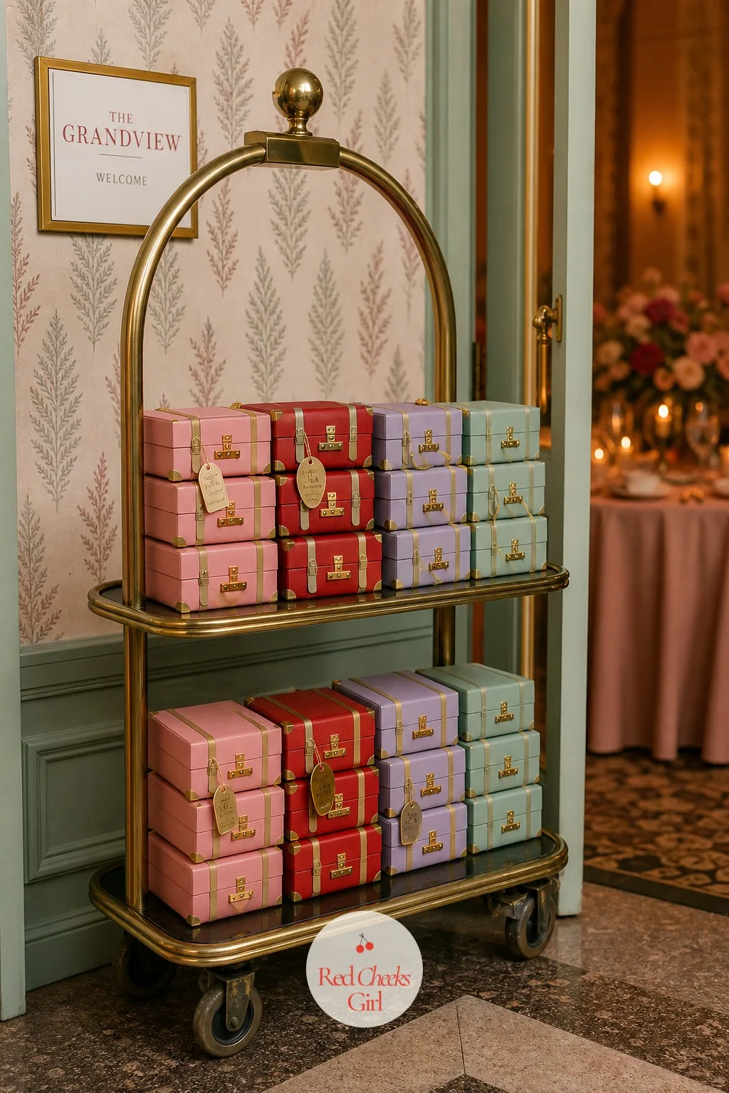 Mini Luggage Macaron Favor Boxes — A plain favour box gets left behind on the table, but a box folded to look like a tiny suitcase gets picked up out of