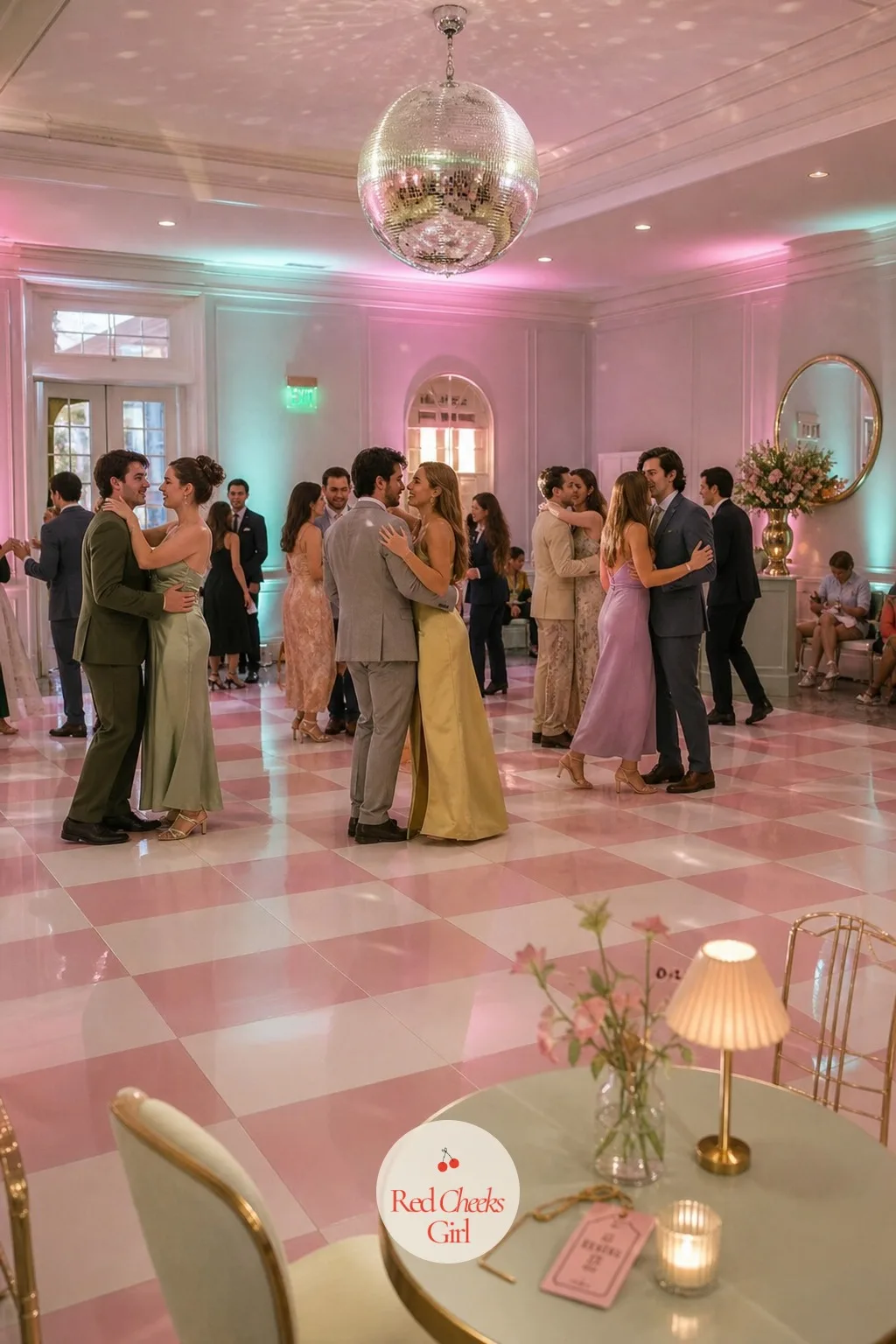 Pastel Ballroom Dance Floor — A plain existing floor never quite becomes a ballroom on its own, and this theme has one job left for it: lay a chequerboard over